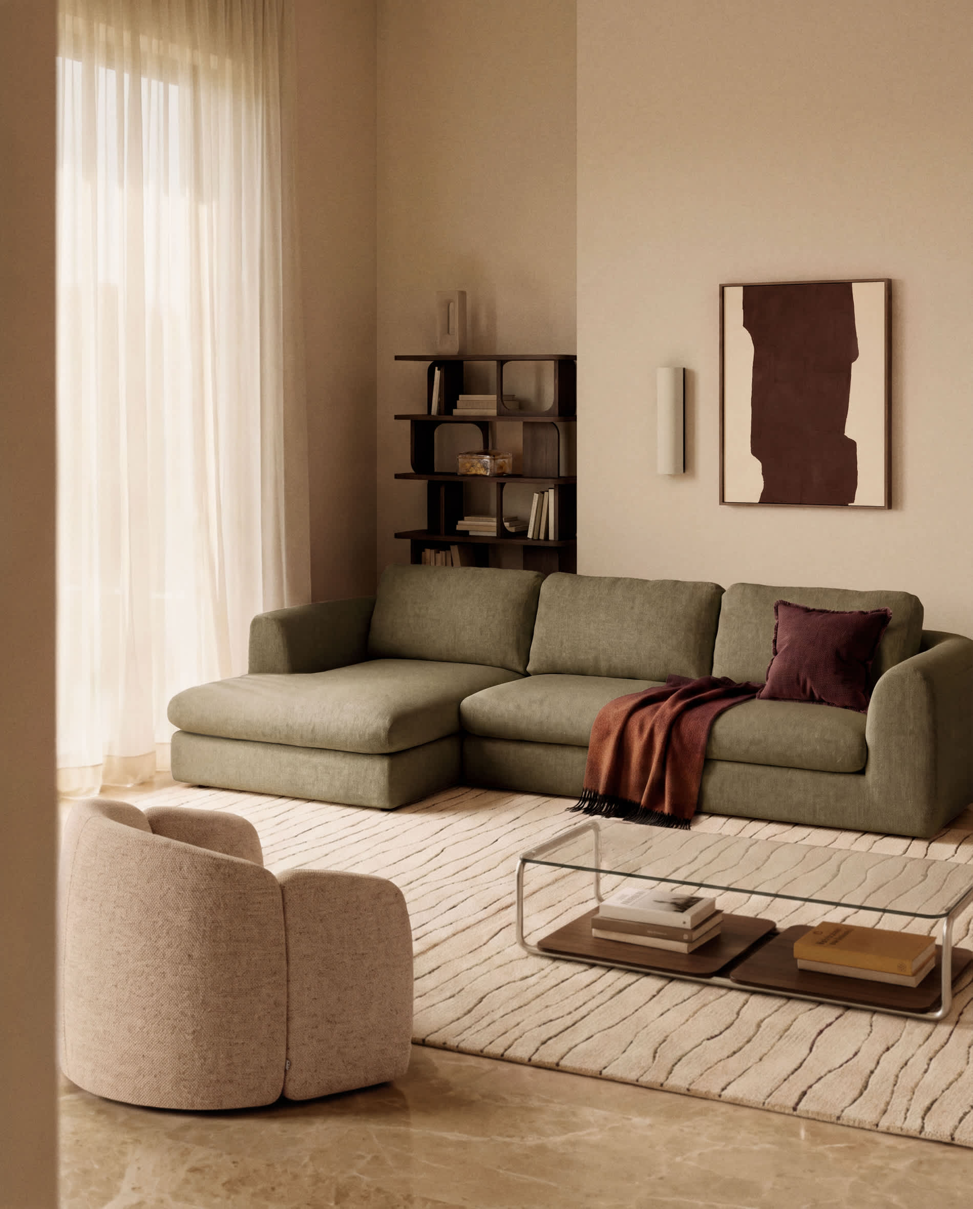 Vera olive green 4-seater sofa with left-hand chaise longue 322 cm FSC Mix Credit