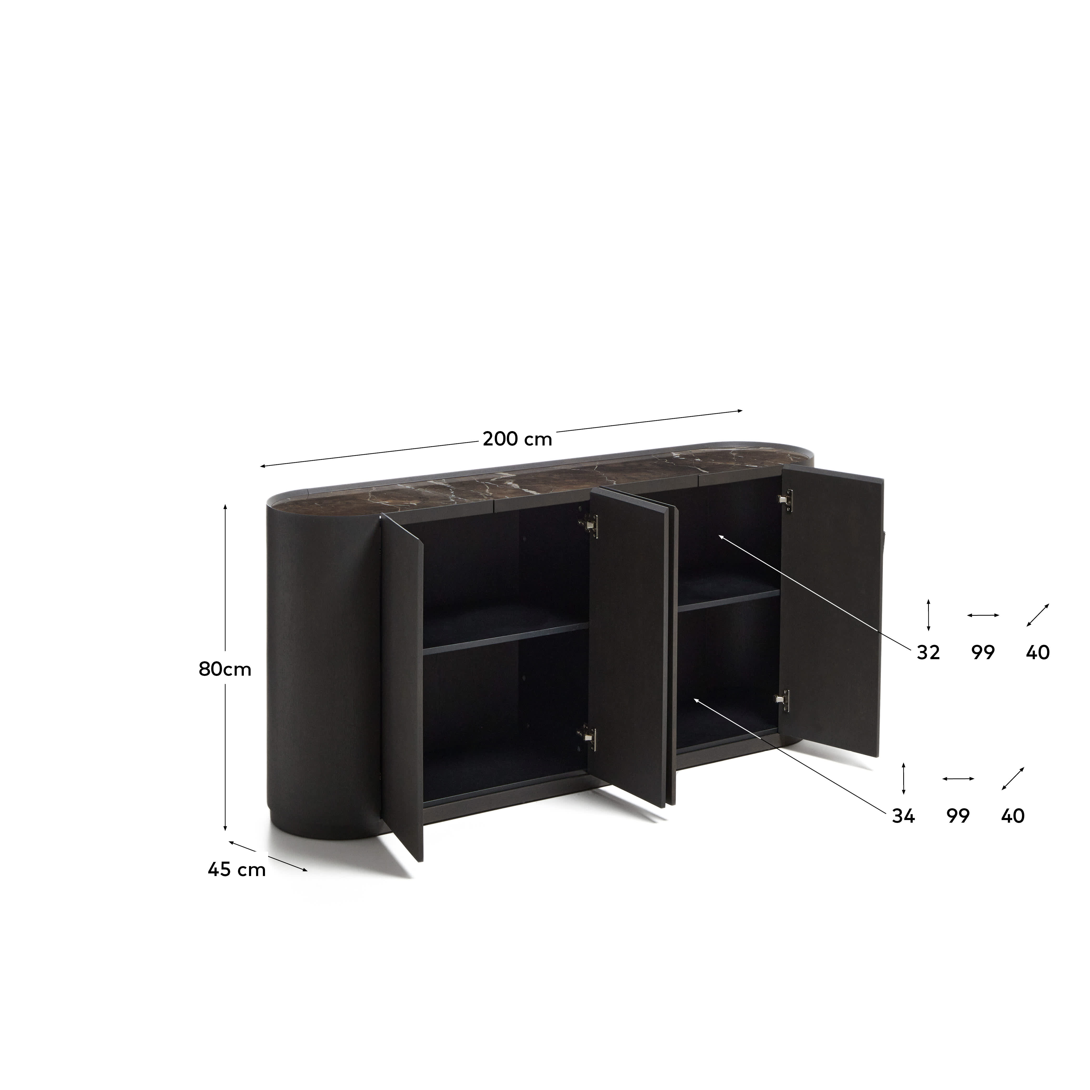 Nemore 4-door oak veneer sideboard with Emperador marble-effect ceramic top, FSC Mix Credit, 200 x 45 cm