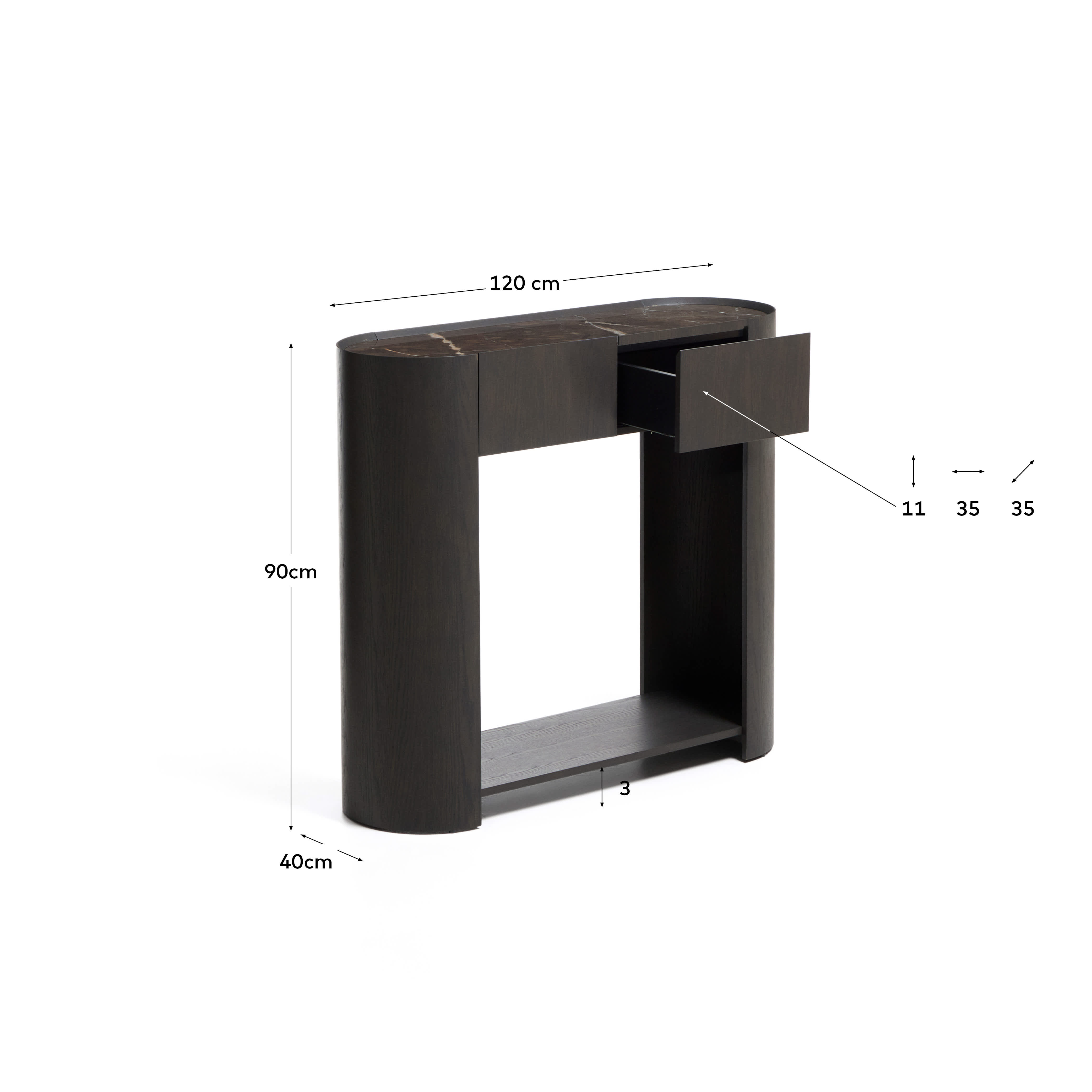 Nemore console table with 2 oak veneer drawers and Emperador marble-effect ceramic top, FSC Mix Credit, 120 x 90 cm