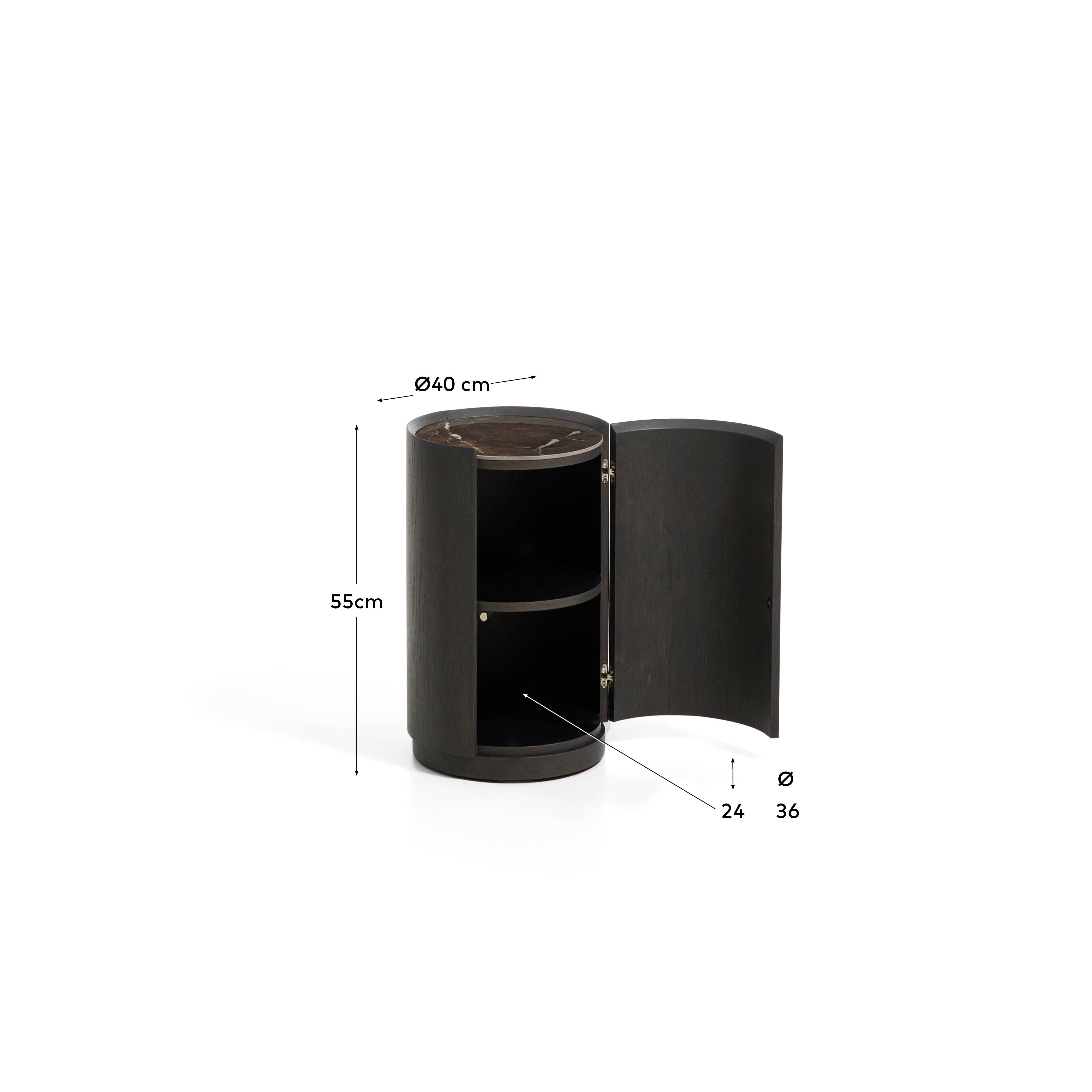 Nemore bedside table with 1 oak veneer drawer and Emperador marble-effect ceramic top, FSC Mix Credit, Ø 40 cm