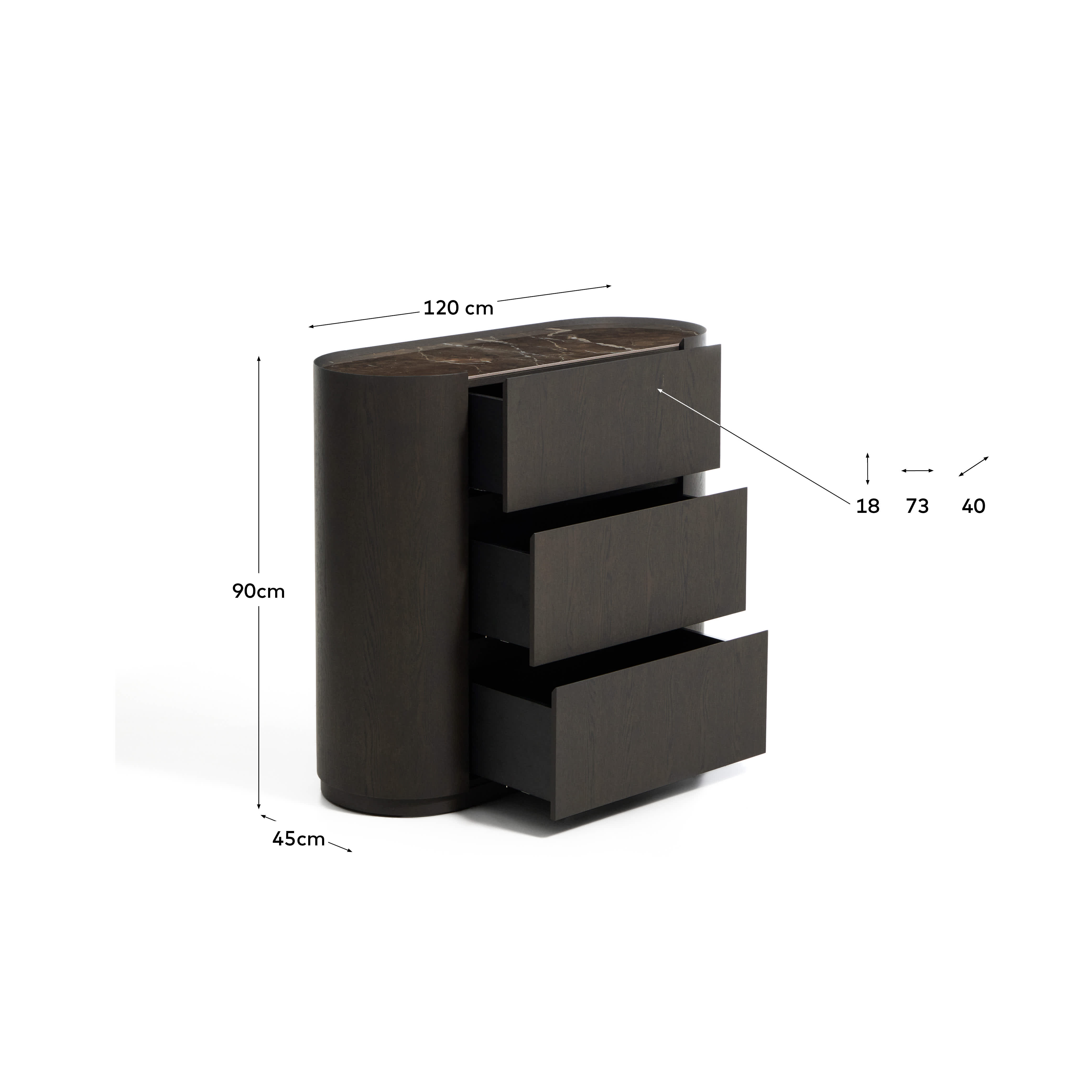 Nemore chest of drawers with 3 oak veneer drawers and Emperador marble-effect ceramic top, FSC Mix Credit, 120 x 45 cm