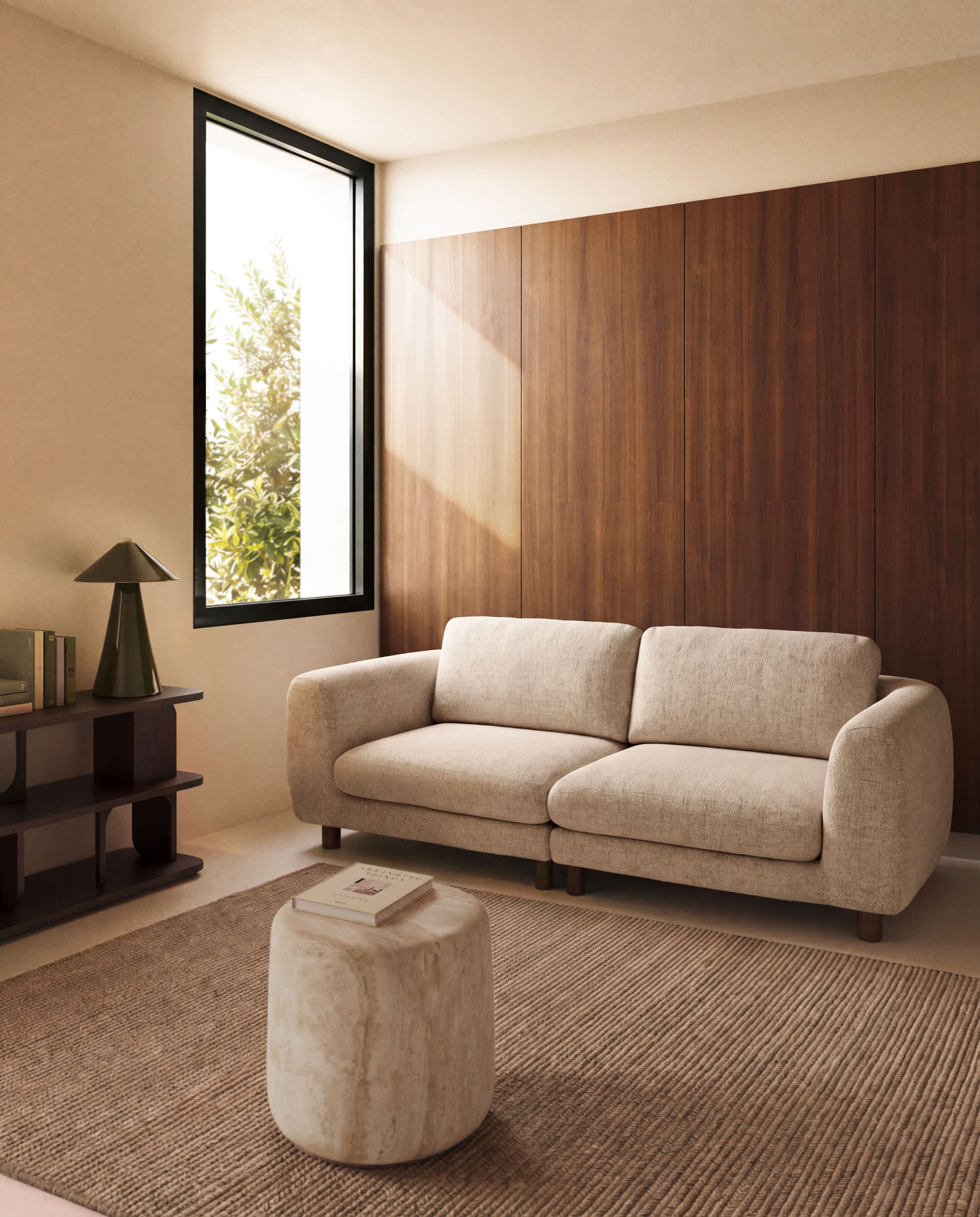 Vera beige 3-seater sofa with walnut-finish solid ash wood legs 230 cm FSC Mix Credit