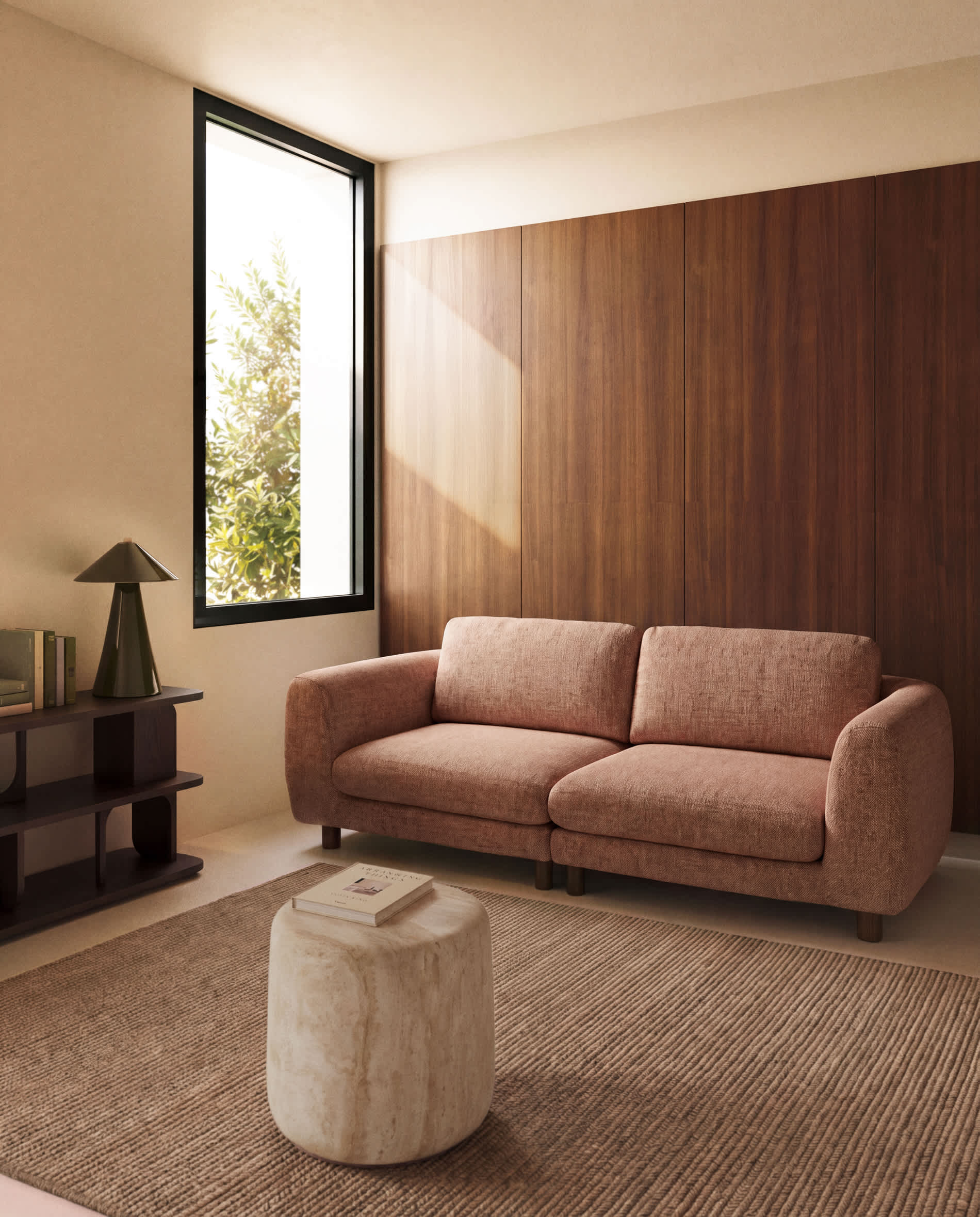 Vera terracotta 3-seater sofa with walnut-finish solid ash wood legs 230 cm FSC Mix Credit