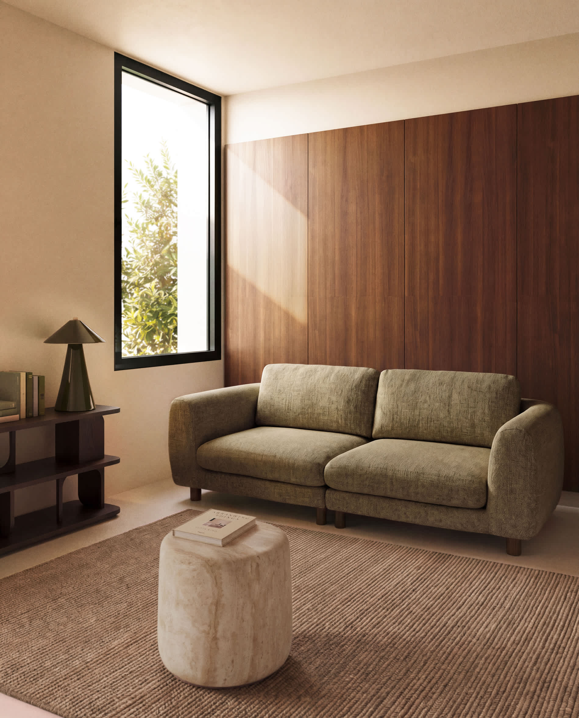Vera olive green 3-seater sofa with walnut-finish solid ash wood legs 230 cm FSC Mix Credit
