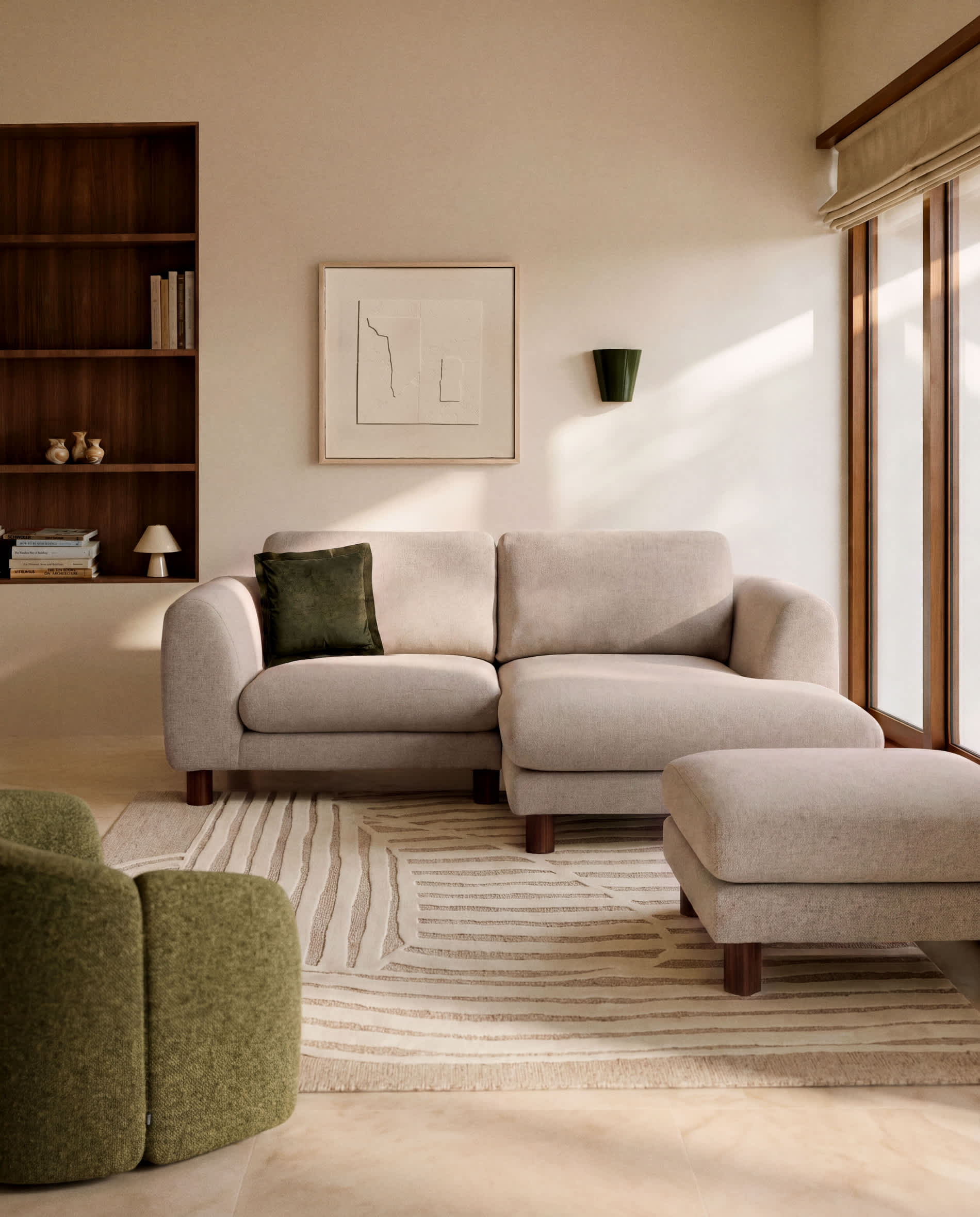 Vera beige 3-seater sofa with left-hand chaise longue with walnut-finish solid ash wood legs 232 cm FSC Mix Credit