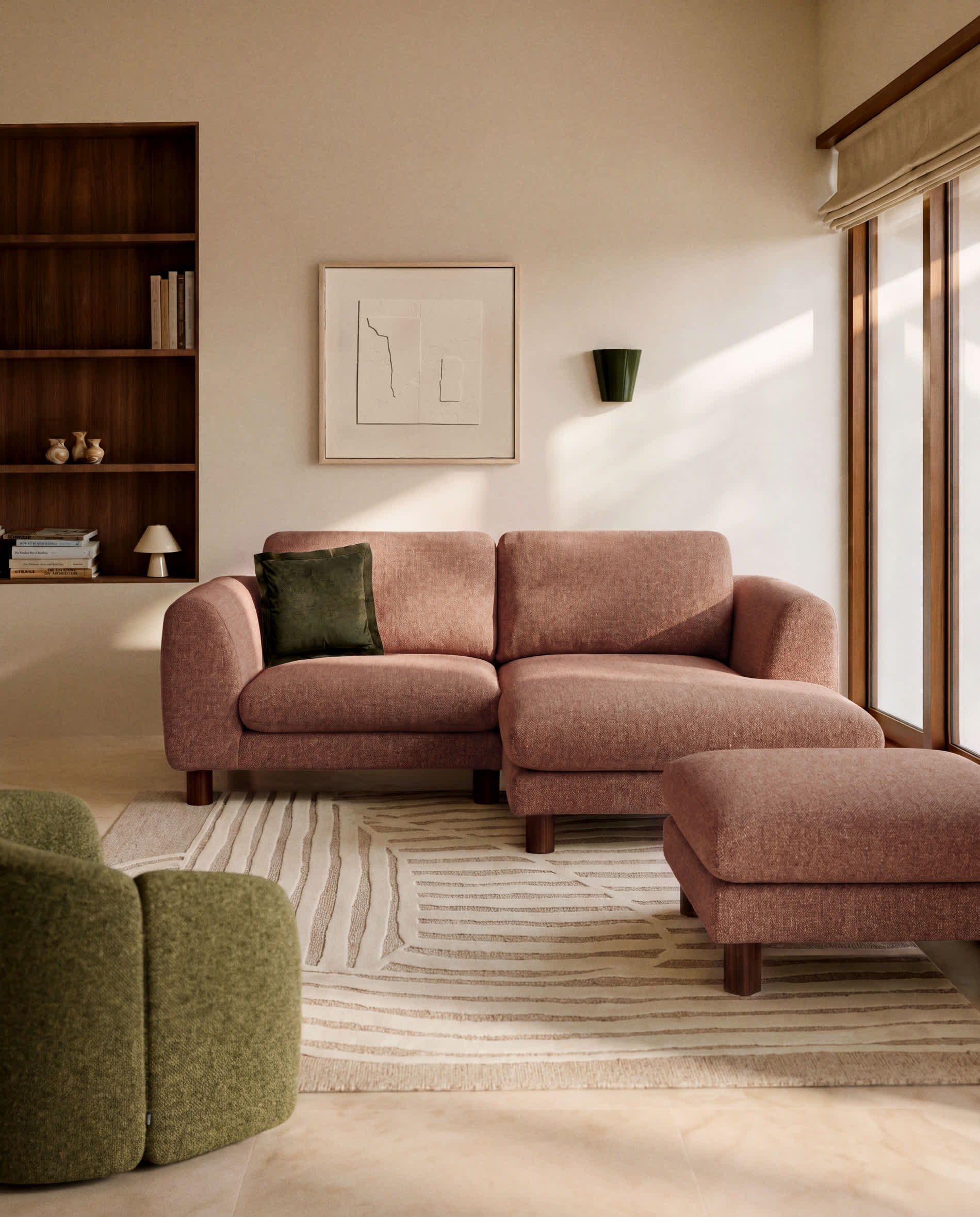 Vera terracotta 3-seater sofa with right-hand chaise longue with walnut-finish solid ash wood legs 232 cm FSC Mix Credit