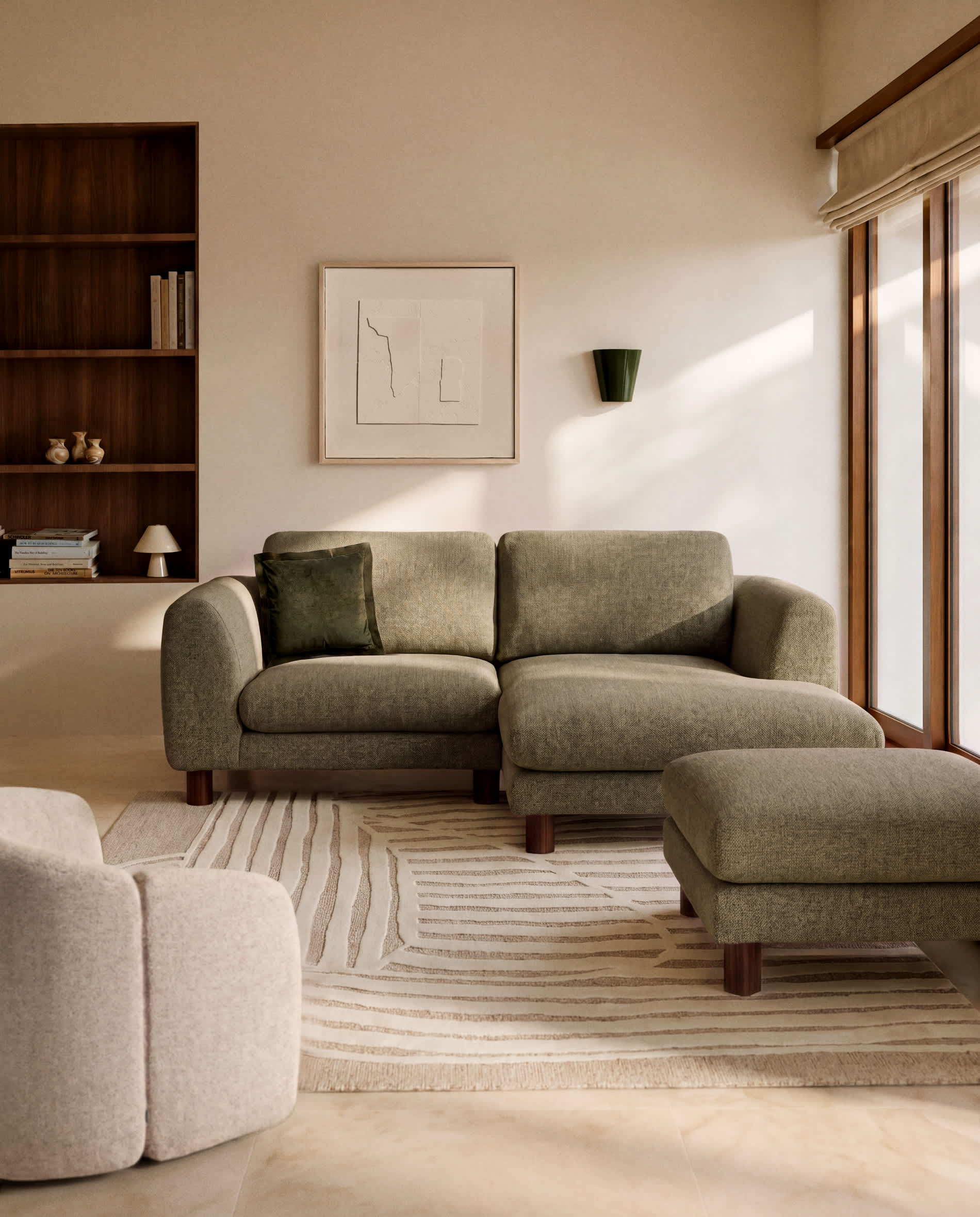 Vera olive green 3-seater sofa with left-hand chaise longue with walnut-finish solid ash wood legs 232 cm FSC Mix Credit