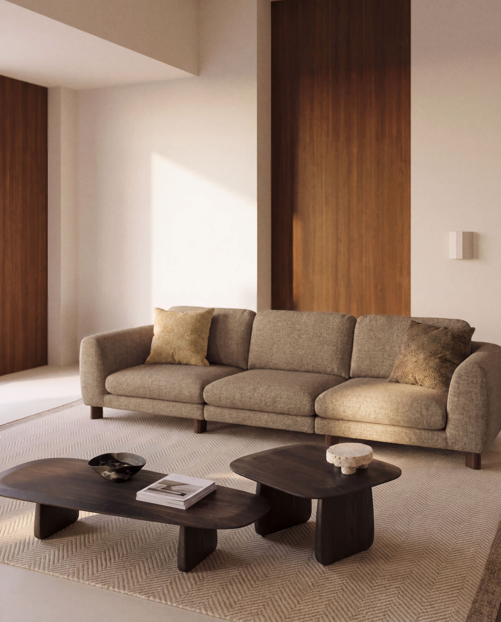 Vera light brown 4-seater sofa with walnut-finish solid ash wood legs 320 cm FSC Mix Credit