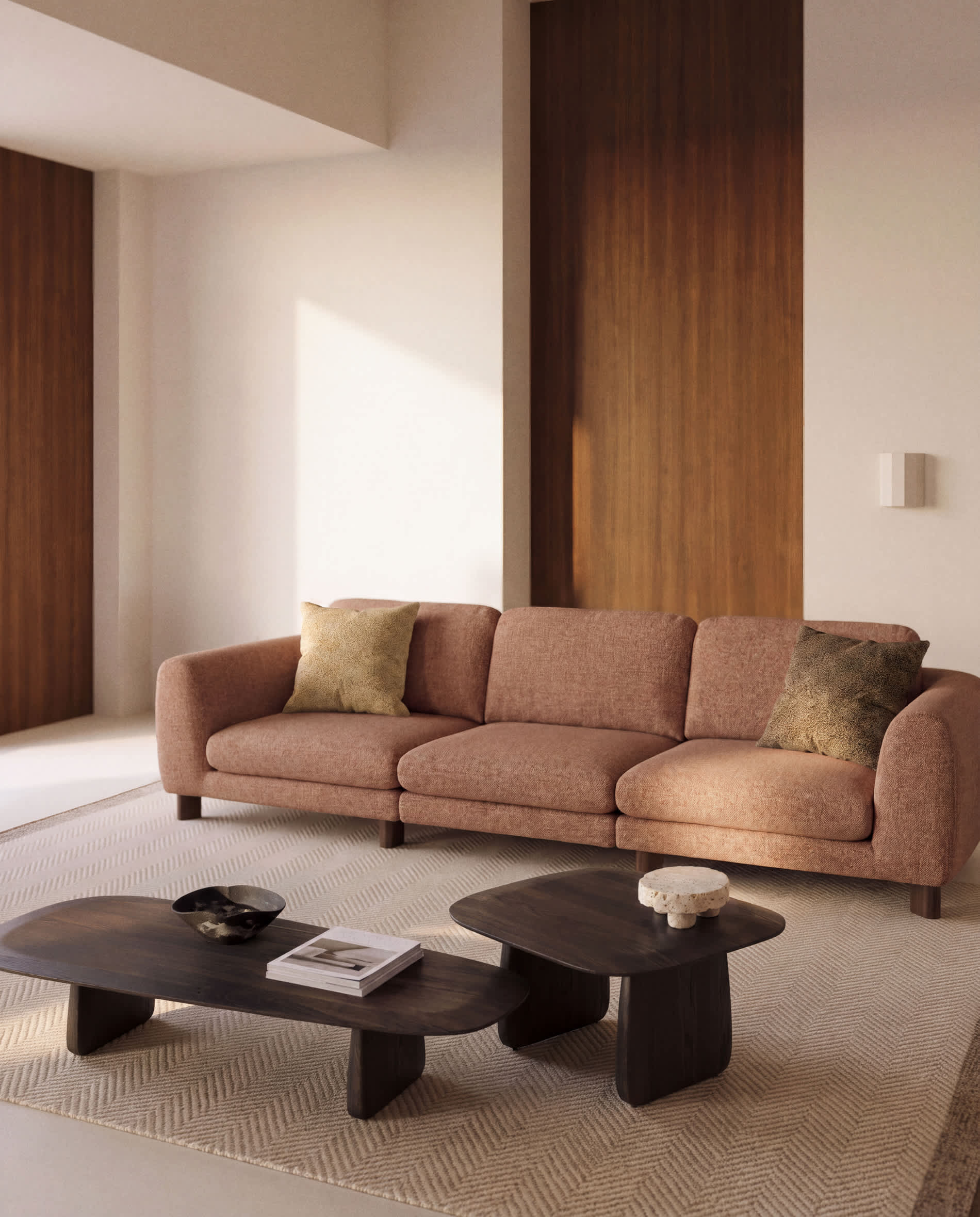 Vera terracotta 4-seater sofa with walnut-finish solid ash wood legs 320 cm FSC Mix Credit