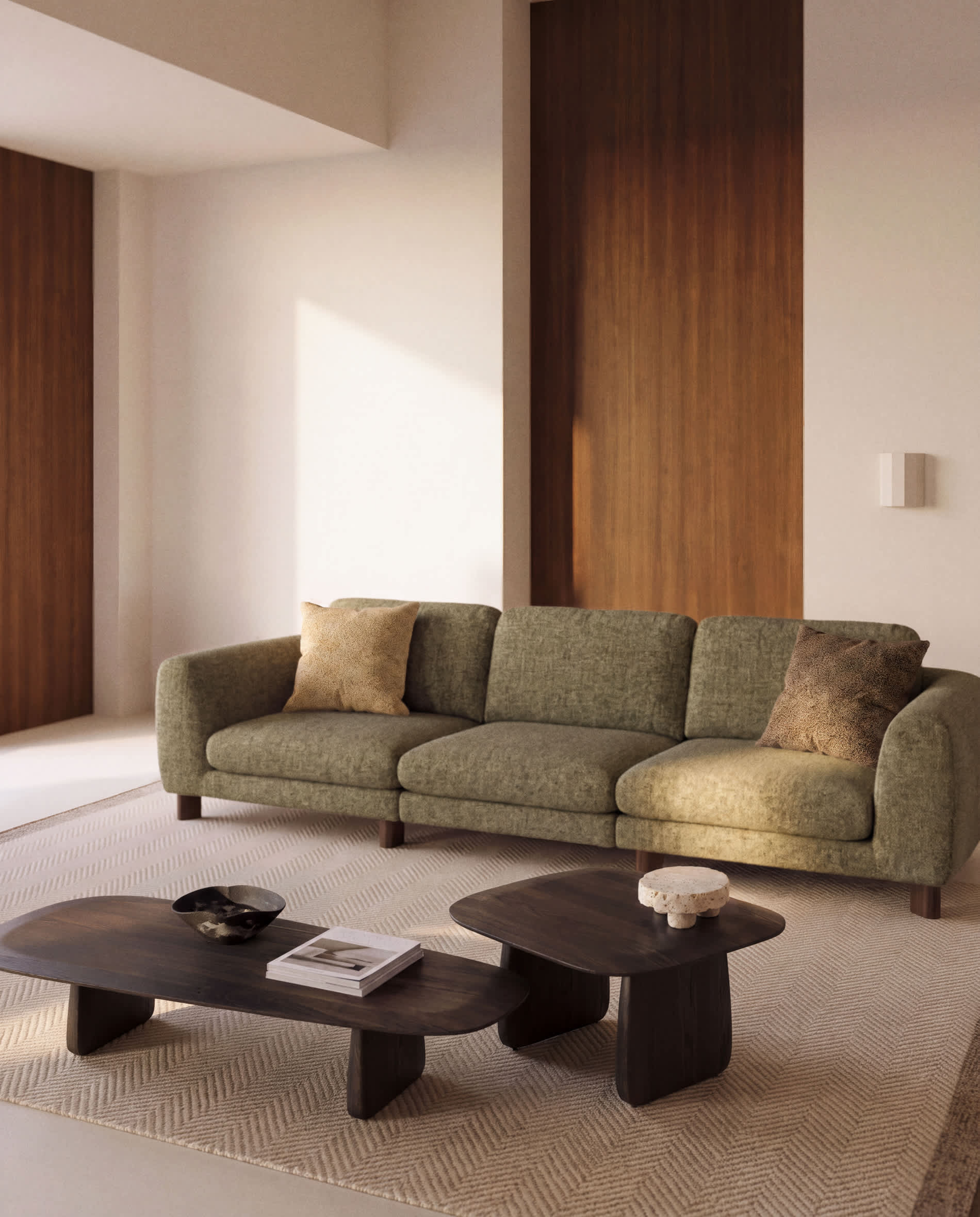 Vera olive green 4-seater sofa with walnut-finish solid ash wood legs 320 cm FSC Mix Credit