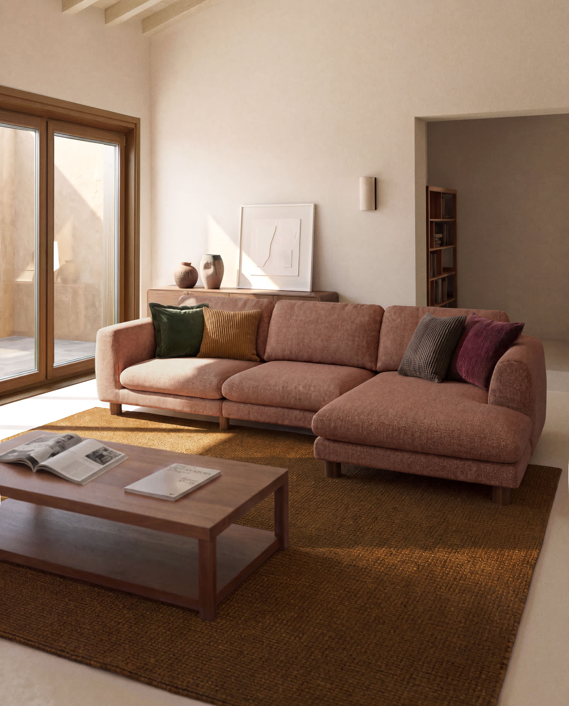Vera terracotta 4-seater sofa with left-hand chaise longue with walnut-finish solid ash wood legs 322 cm FSC Mix Credit