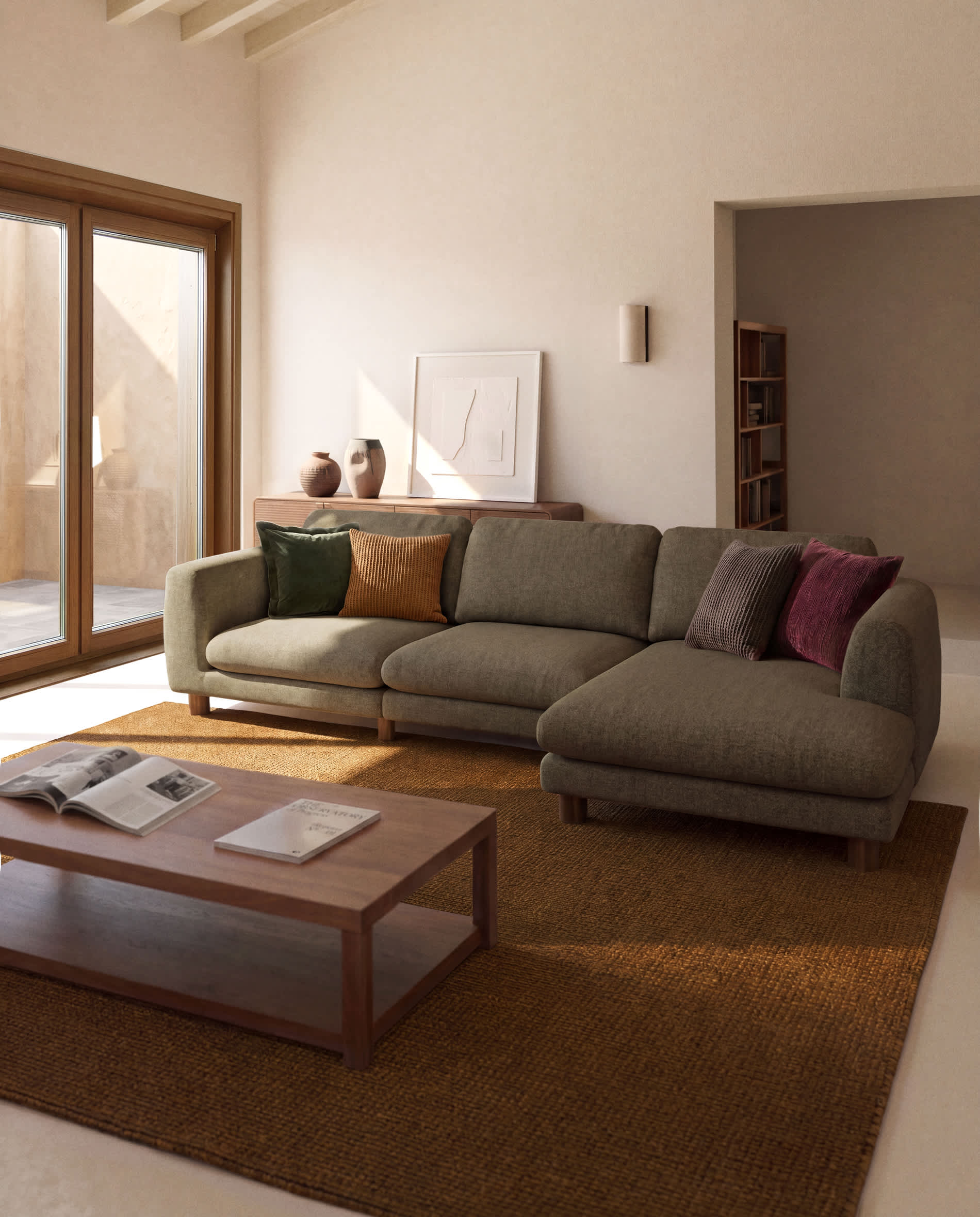 Vera olive green 4-seater sofa with left-hand chaise longue with walnut-finish solid ash wood legs 322 cm FSC Mix Credit
