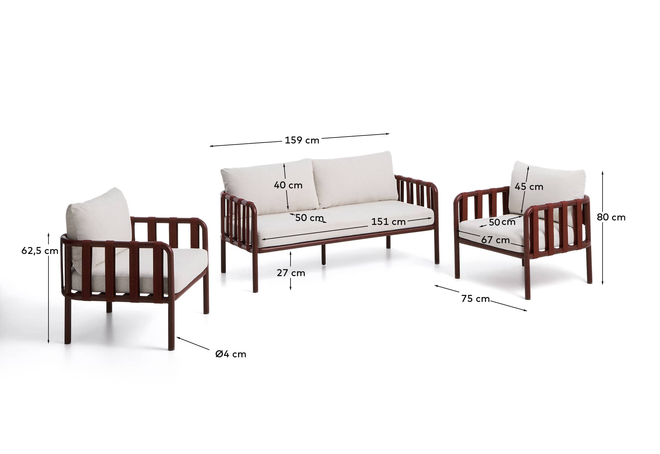 Omala set consisting of 2-seater sofa and 2 armchairs in burgundy rope cord and aluminium