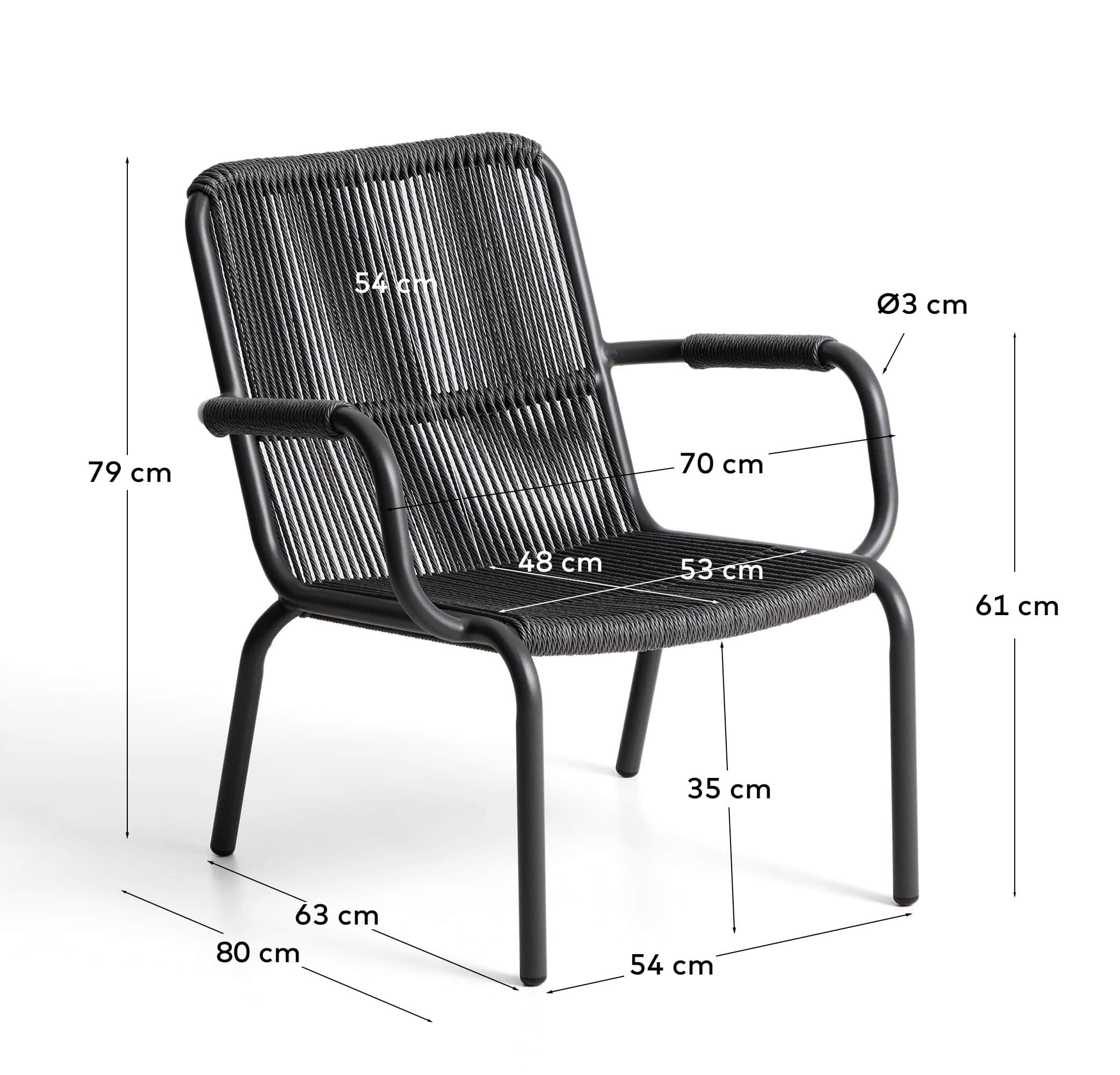 Salis stackable armchair in graphite aluminium and dark grey synthetic rope cord