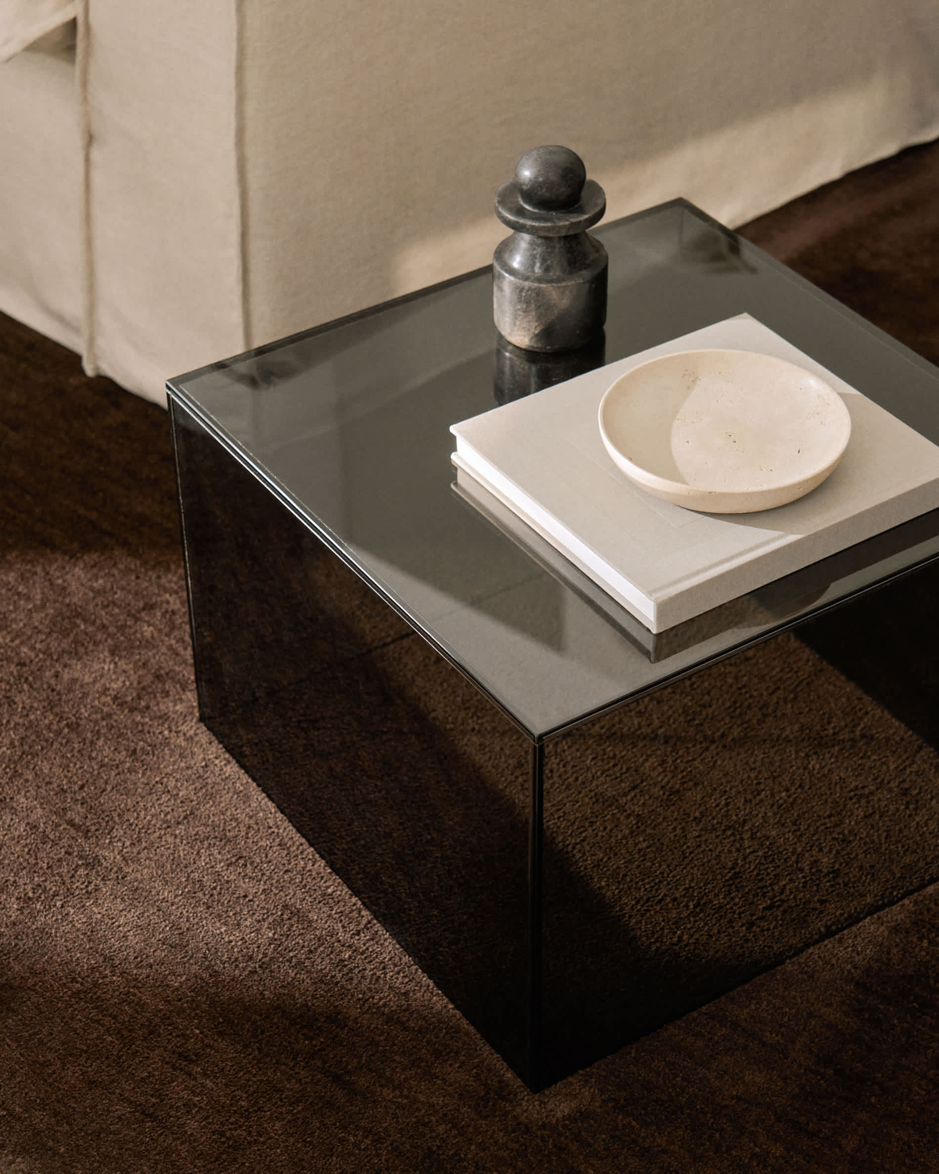 Orlia side table in dark grey tempered glass 50 x 50cm