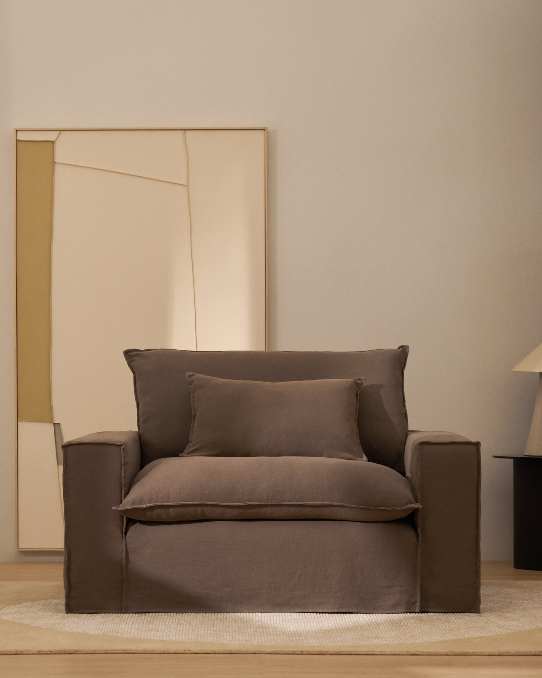 Anarela 100% taupe linen armchair with removable cover 150cm FSC Mix Credit