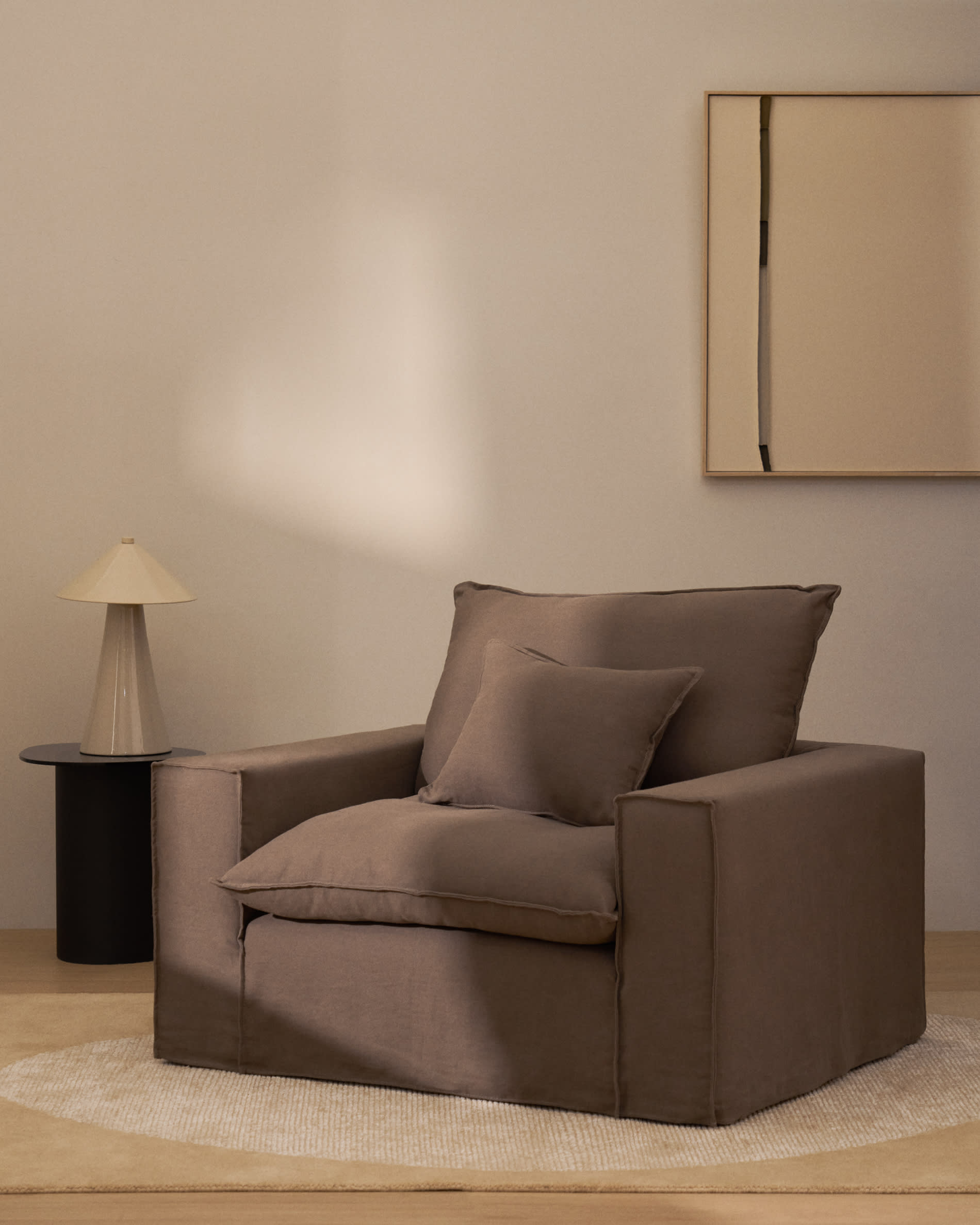 Anarela 100% taupe linen armchair with removable cover 130cm FSC Mix Credit
