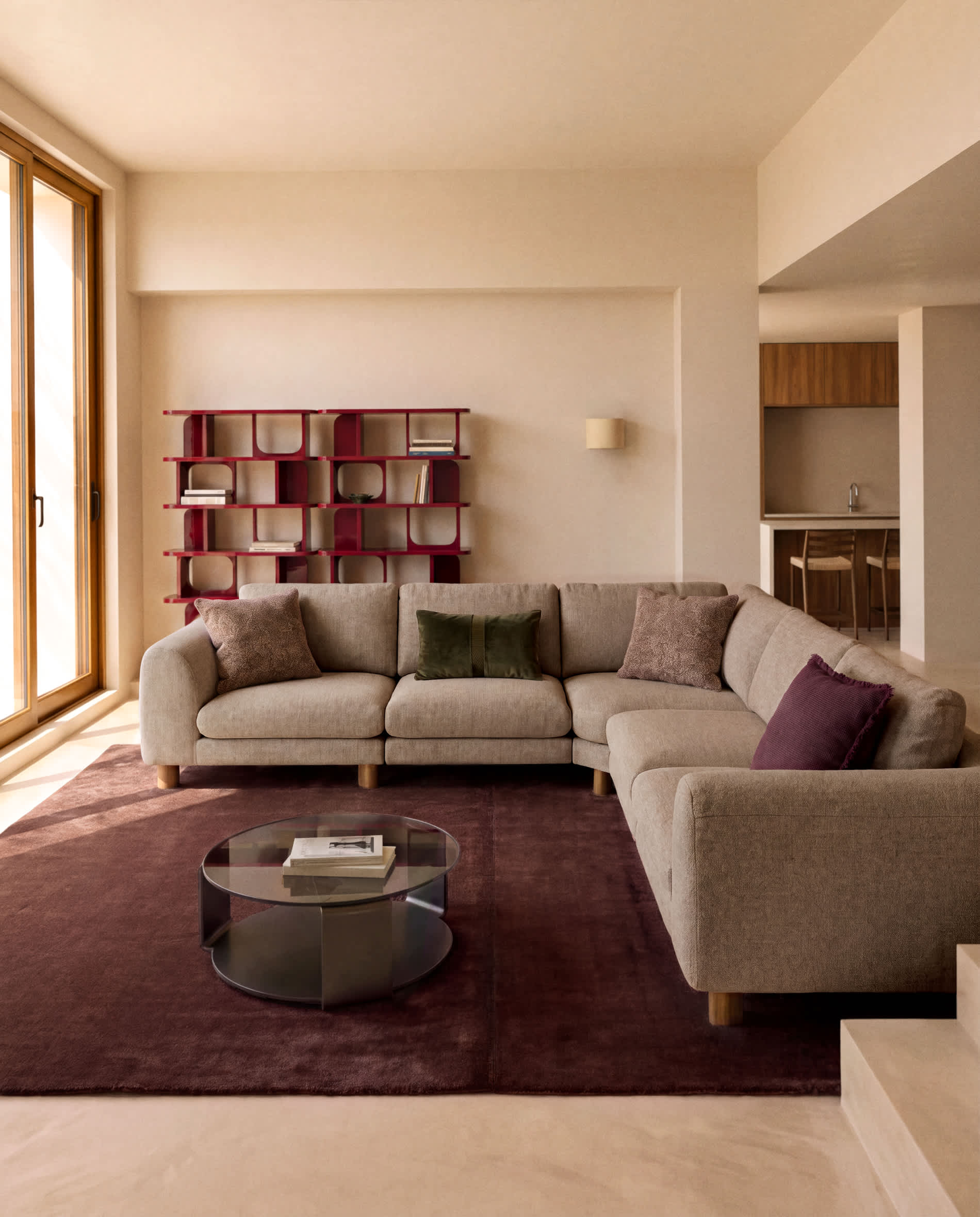 Vera light brown 5-seater corner sofa with walnut-finish solid ash wood legs 330 x 330 cm FSC Mix Credit