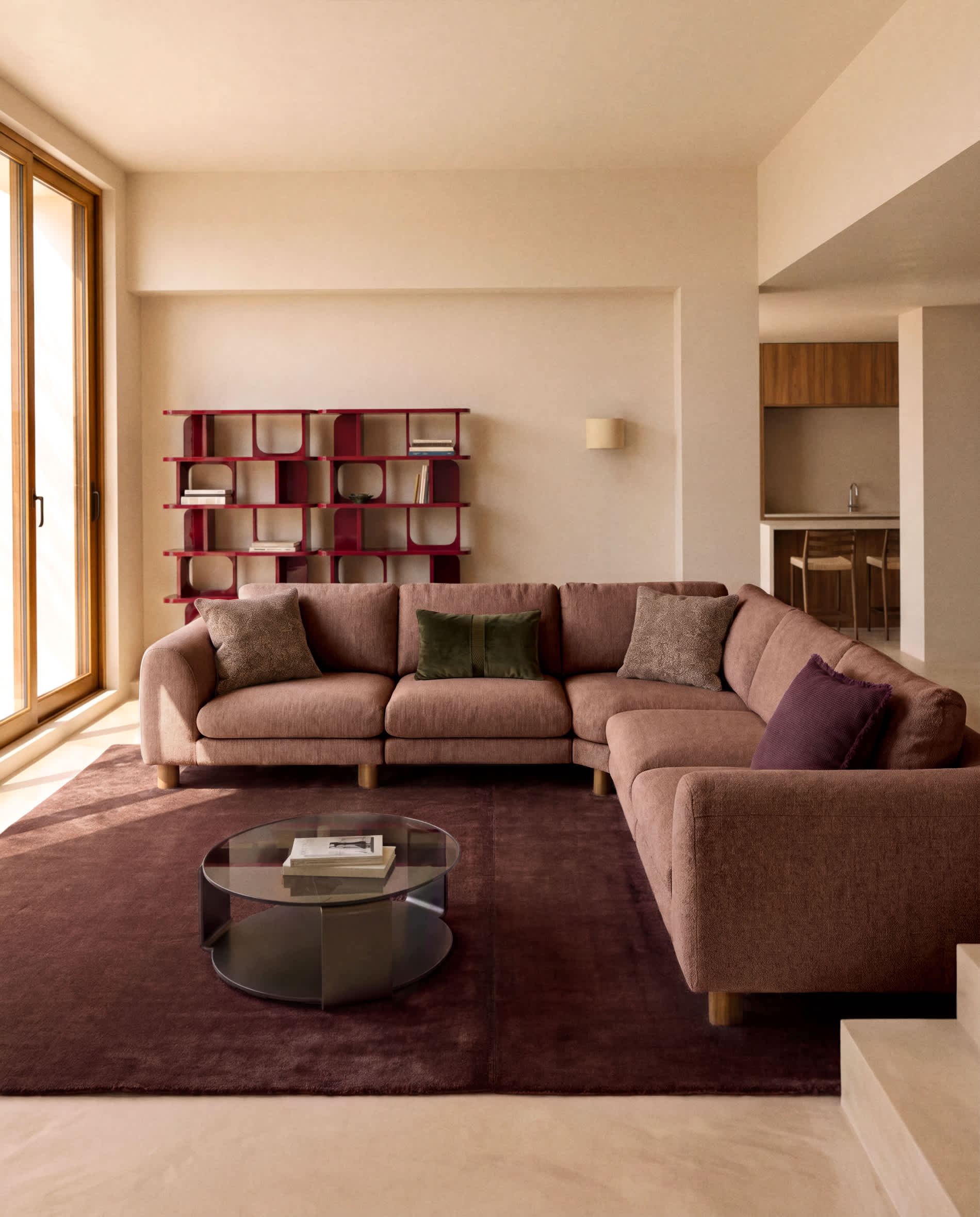 Vera terracotta 5-seater corner sofa with walnut-finish solid ash wood legs 330 x 330 cm FSC Mix Credit