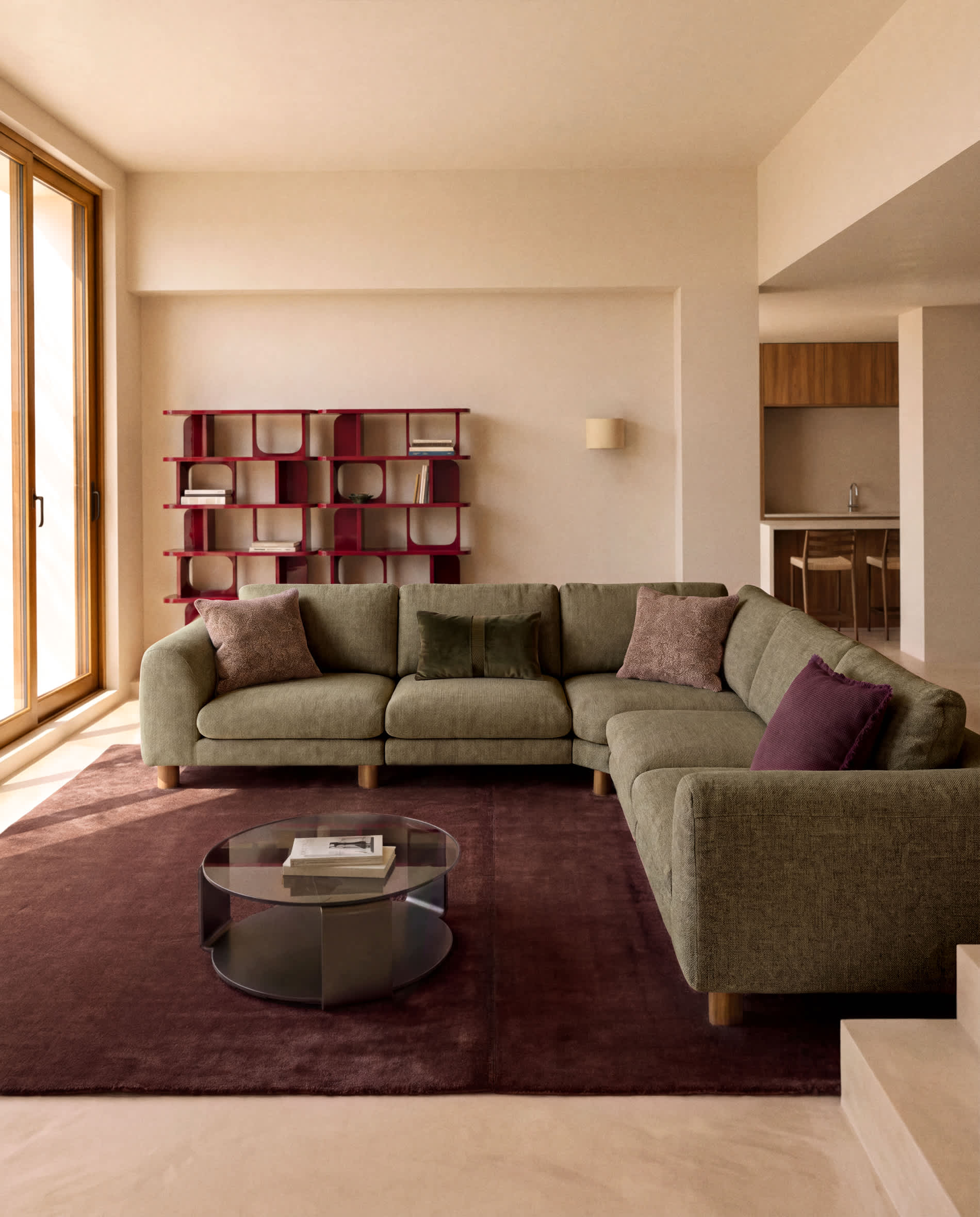 Vera olive green 5-seater corner sofa with walnut-finish solid ash wood legs 330 x 330 cm FSC Mix Credit