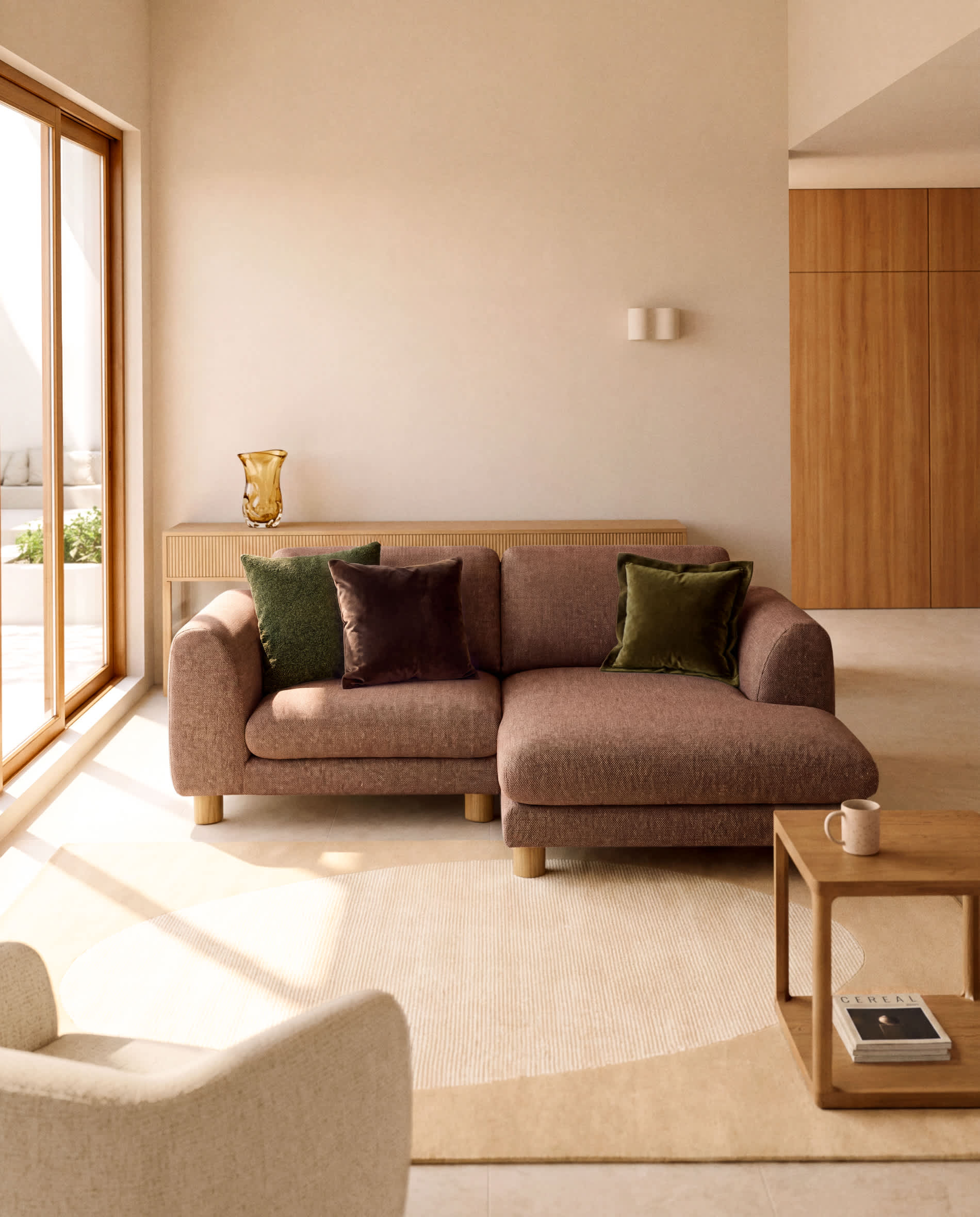 Vera terracotta 3-seater sofa with right-hand chaise longue with natural-finish solid ash wood legs 232 cm FSC Mix Credit