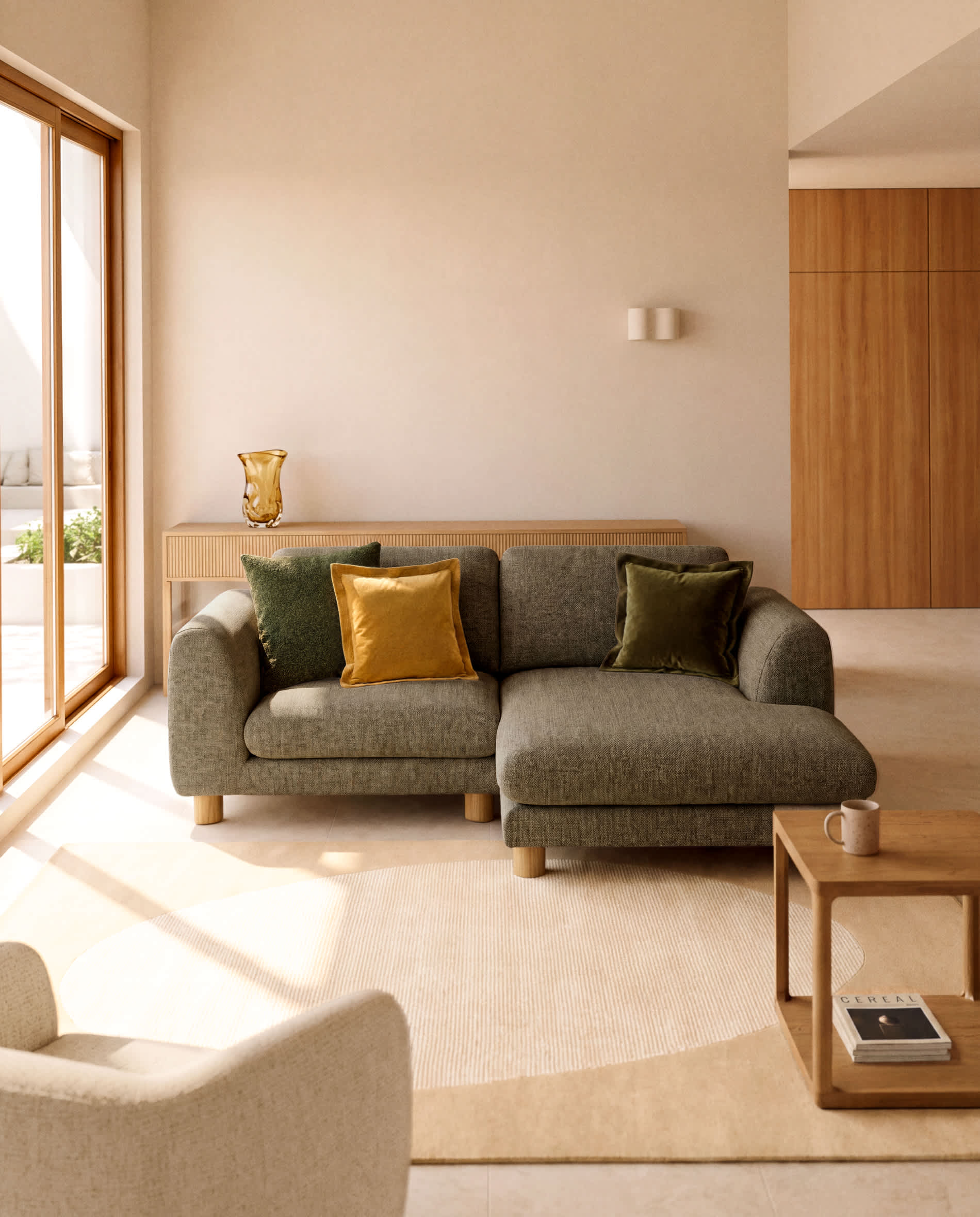 Vera olive green 3-seater sofa with right-hand chaise longue with natural-finish solid ash wood legs 232 cm FSC Mix Credit