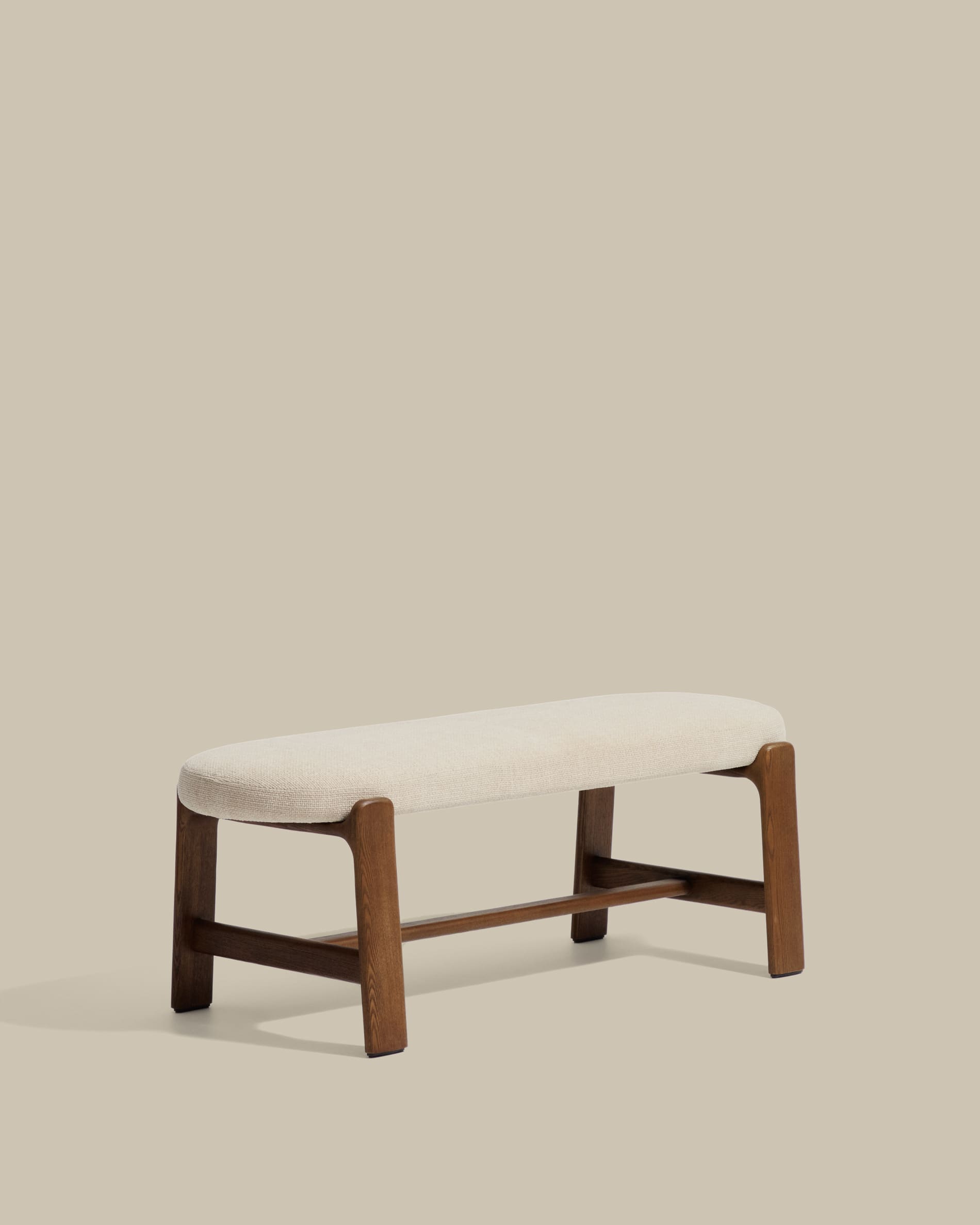 Granite bench in beige chenille and solid ash wood with walnut finish 120cm FSC 100%