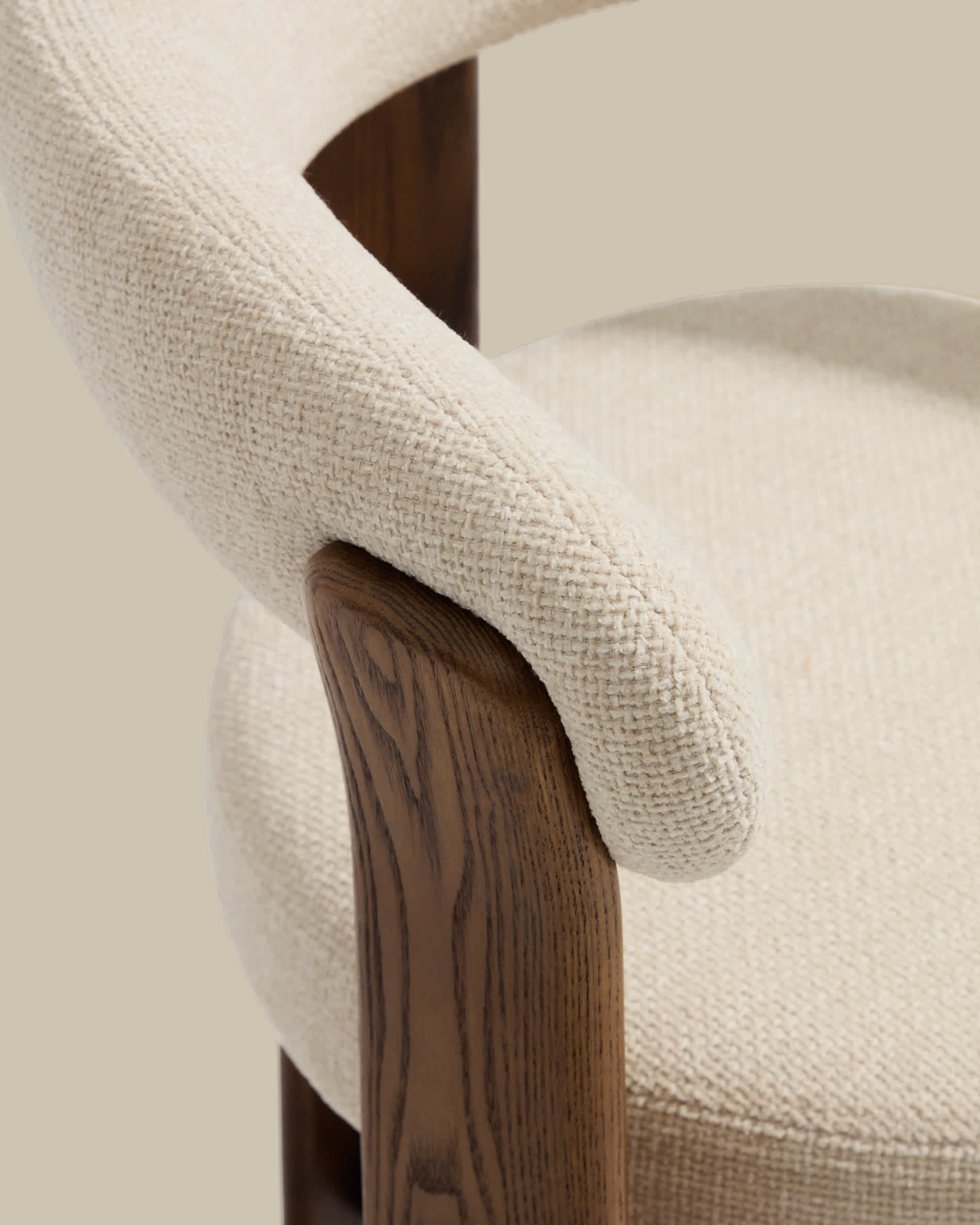 Granite stool with 3 legs in beige chenille and solid ash wood with walnut finish FSC 100% 65cm