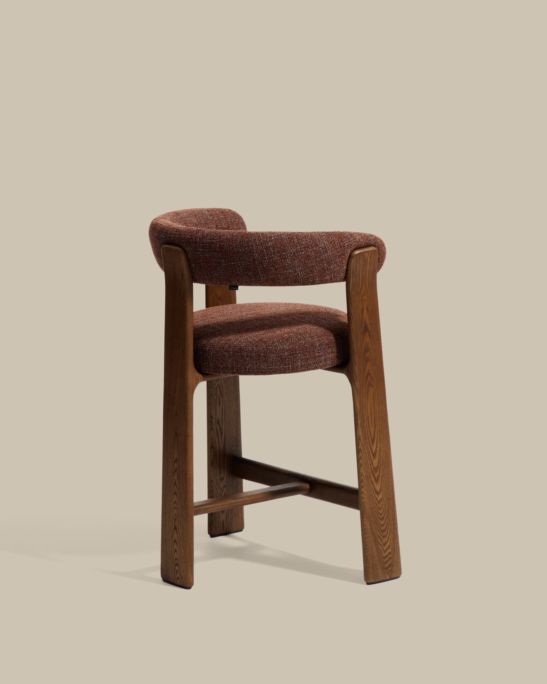 Granite stool with 3 legs in brown chenille and solid ash wood with walnut finish FSC 100% 65cm.