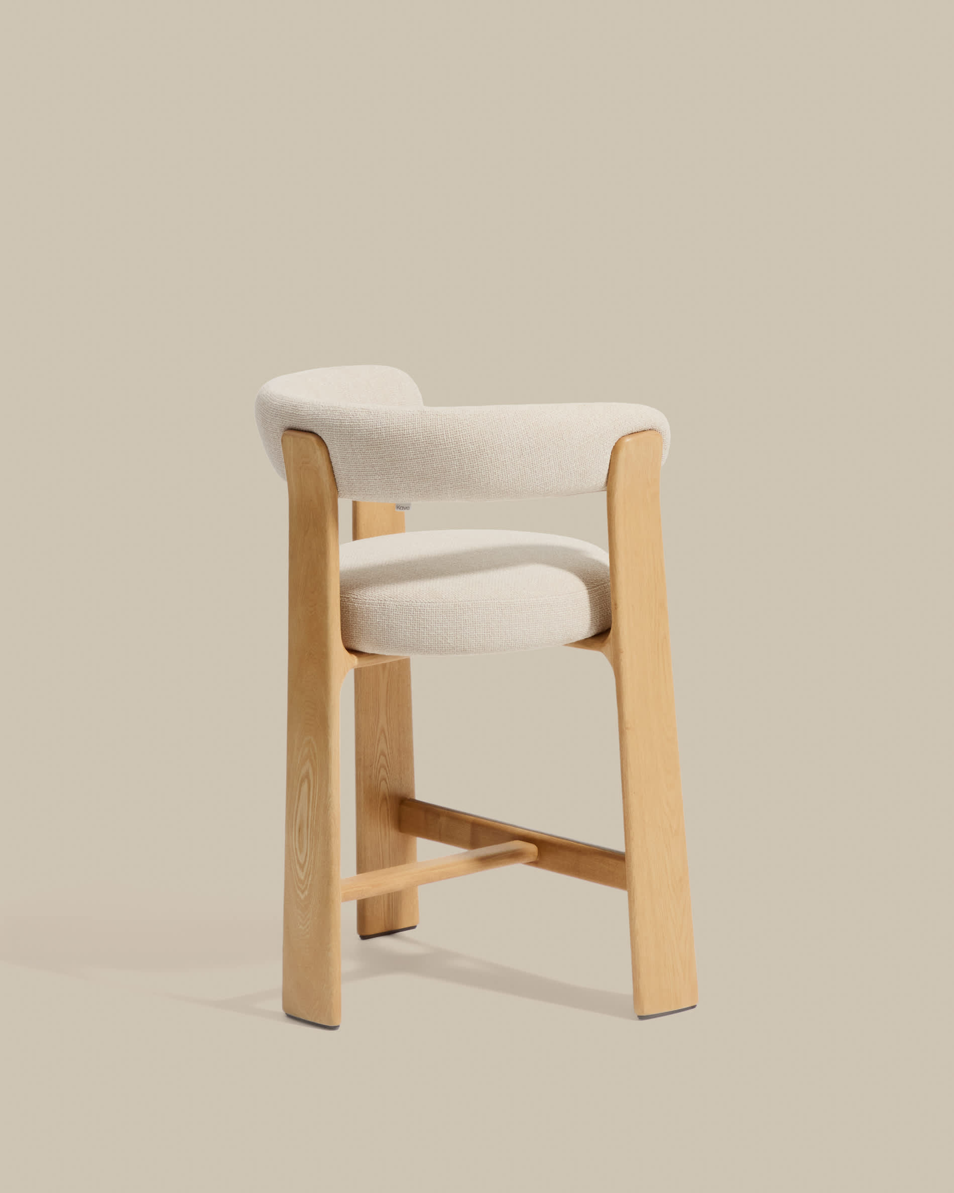 Granite stool with 3 legs in beige chenille and solid ash wood with natural finish FSC 100% 65cm.
