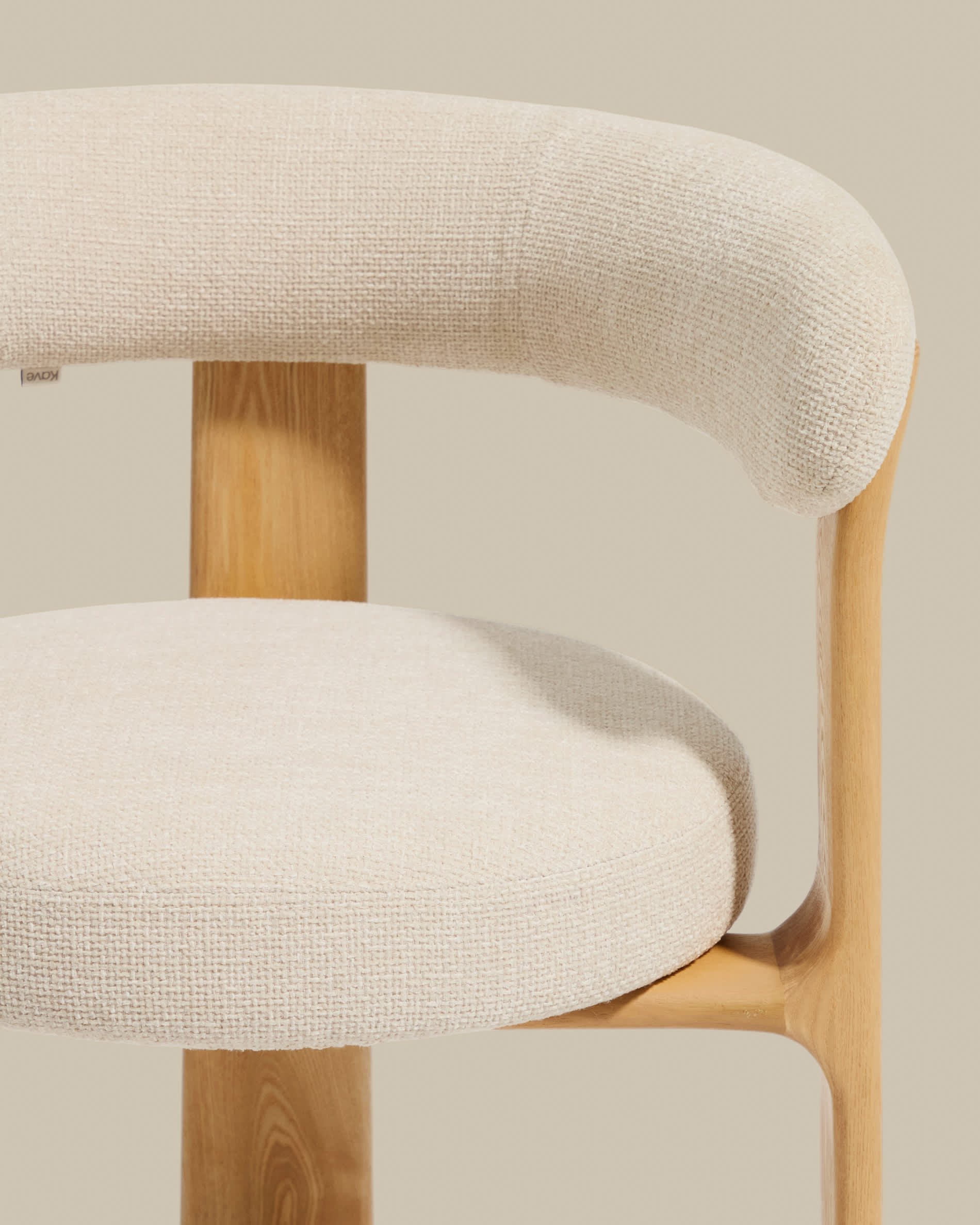 Granite stool with 3 legs in beige chenille and solid ash wood with natural finish FSC 100% 65cm.