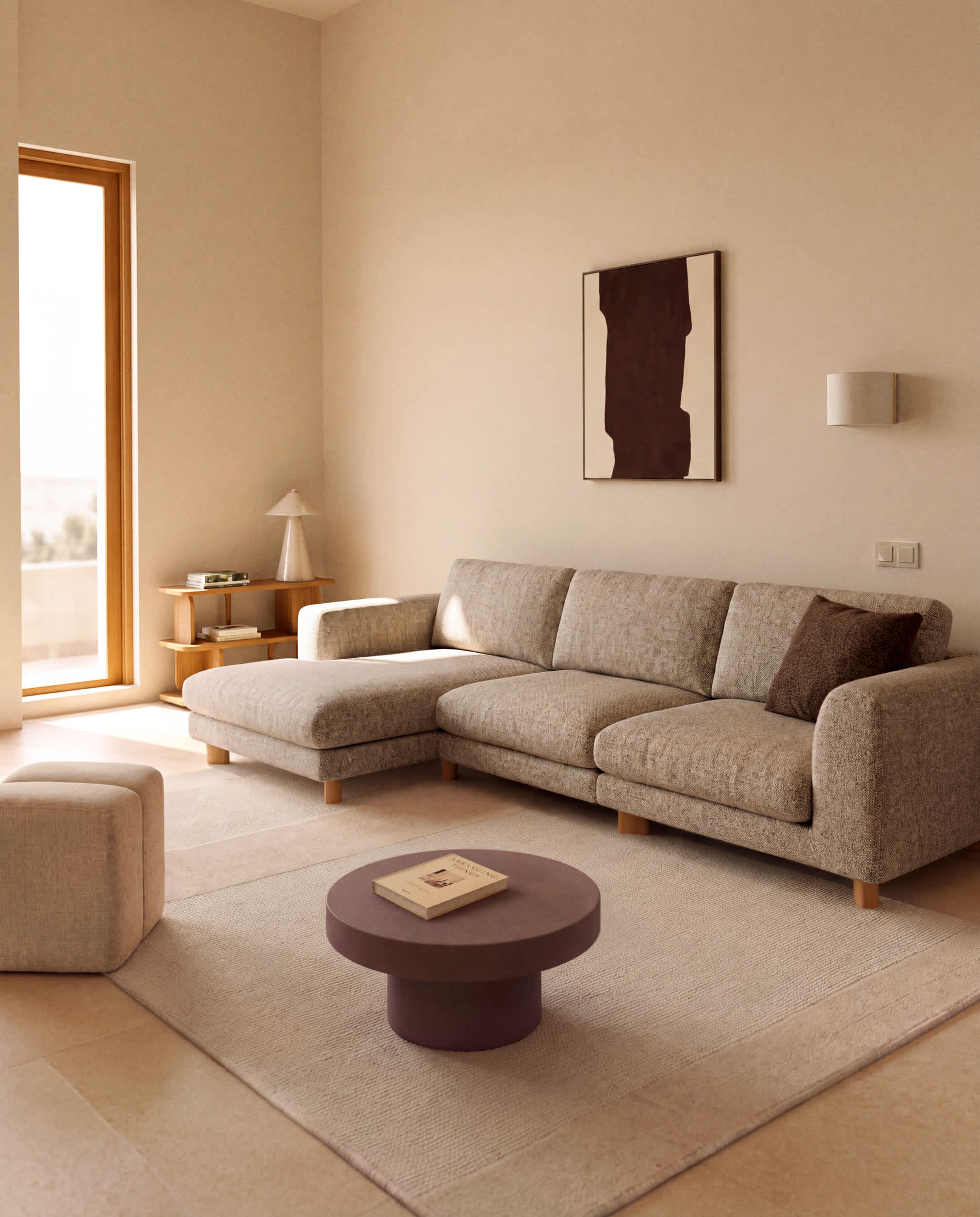 Vera light brown 4-seater sofa with left-hand chaise longue with natural-finish solid ash wood legs 322 cm FSC Mix Credit