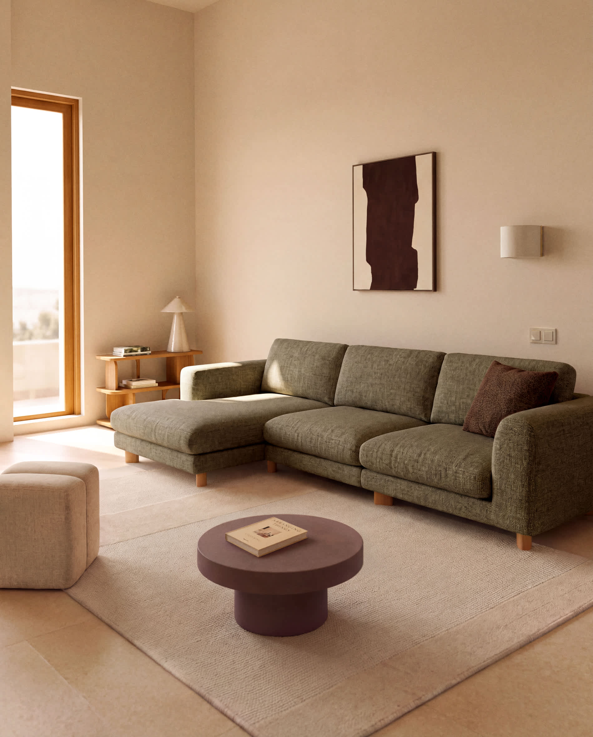 Vera olive green 4-seater sofa with right-hand chaise longue with natural-finish solid ash wood legs 322 cm FSC Mix Credit