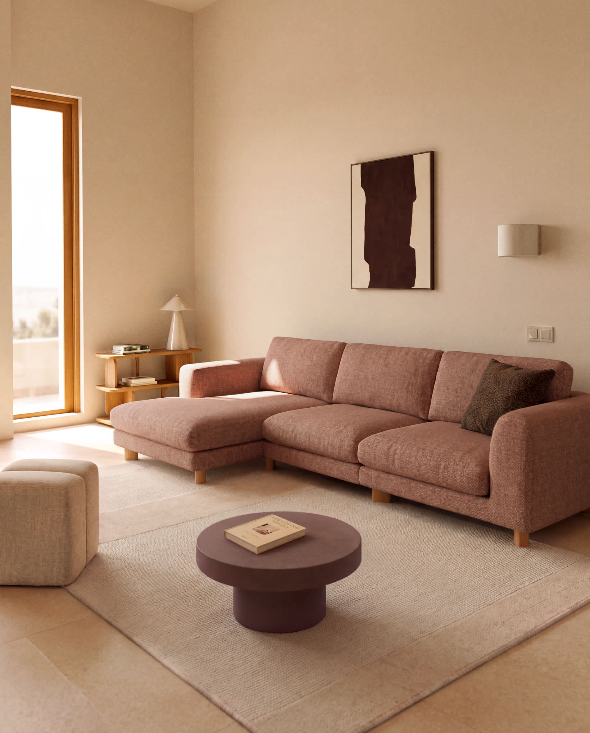 Vera terracotta 4-seater sofa with left-hand chaise longue with natural-finish solid ash wood legs 322 cm FSC Mix Credit