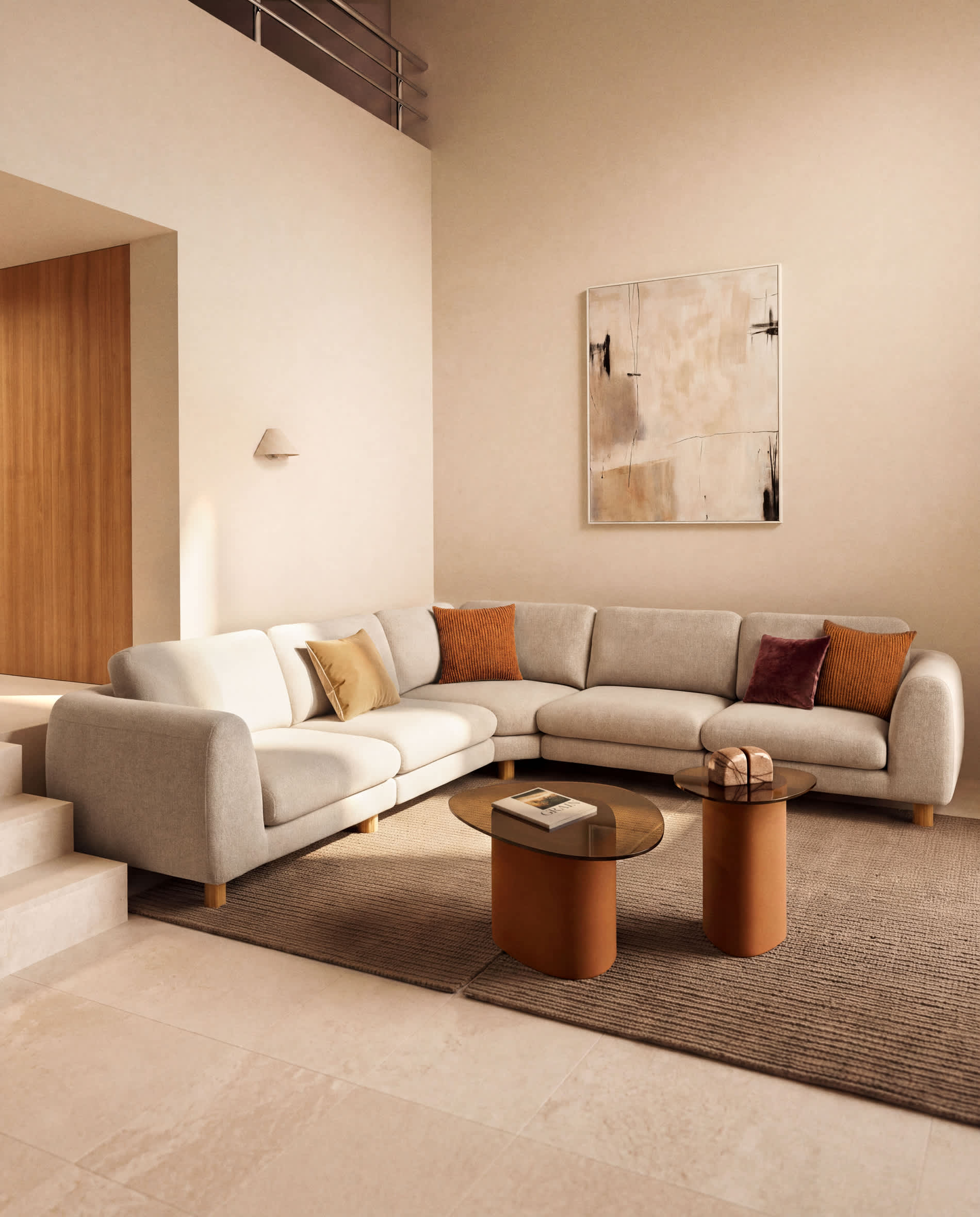 Vera beige 5-seater corner sofa with natural-finish solid ash wood legs 330 x 330 cm FSC Mix Credit