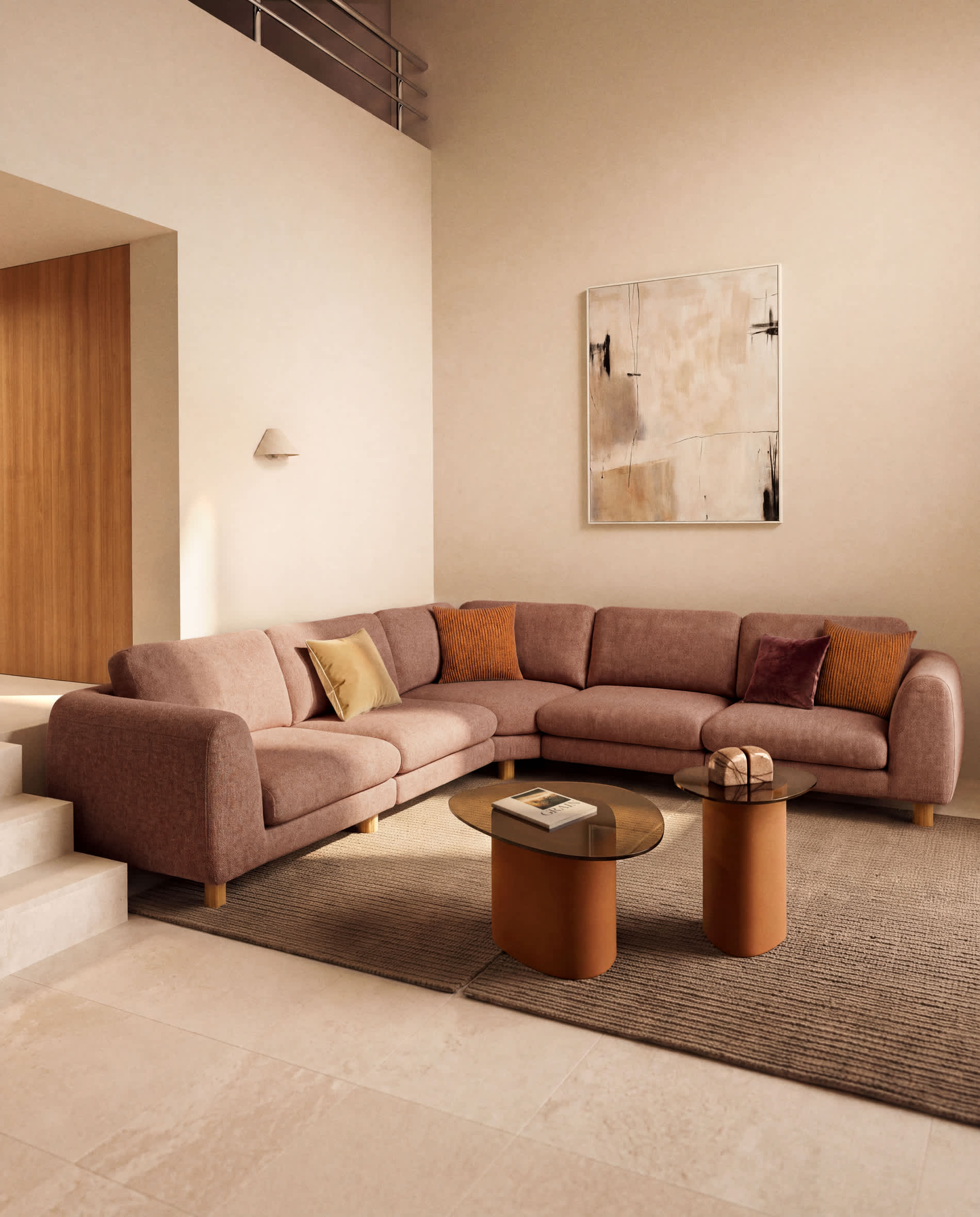 Vera terracotta 5-seater corner sofa with natural-finish solid ash wood legs 330 x 330 cm FSC Mix Credit