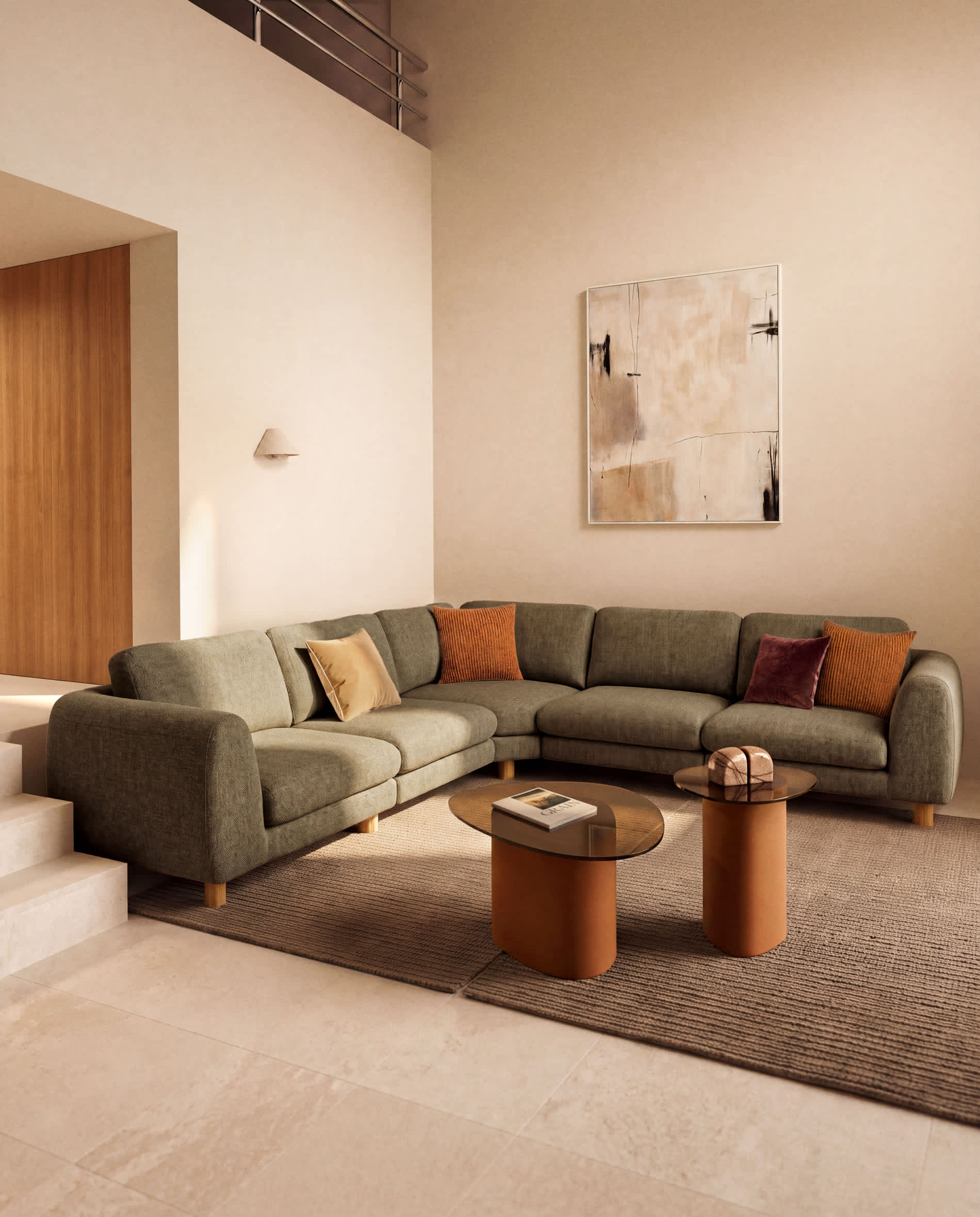 Vera olive green 5-seater corner sofa with natural-finish solid ash wood legs 330 x 330 cm FSC Mix Credit