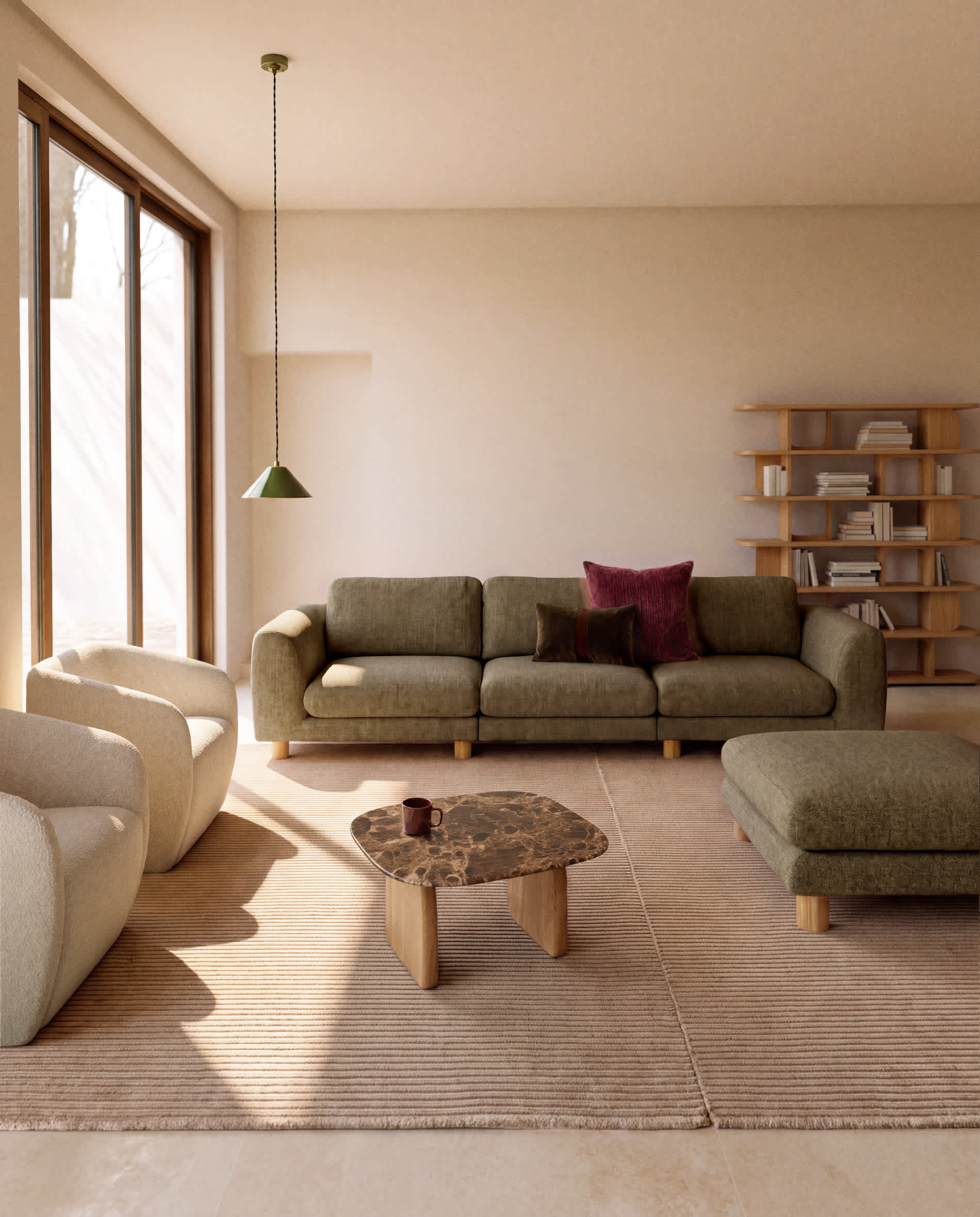 Vera olive green 4-seater sofa with natural-finish solid ash wood legs 320 cm FSC Mix Credit