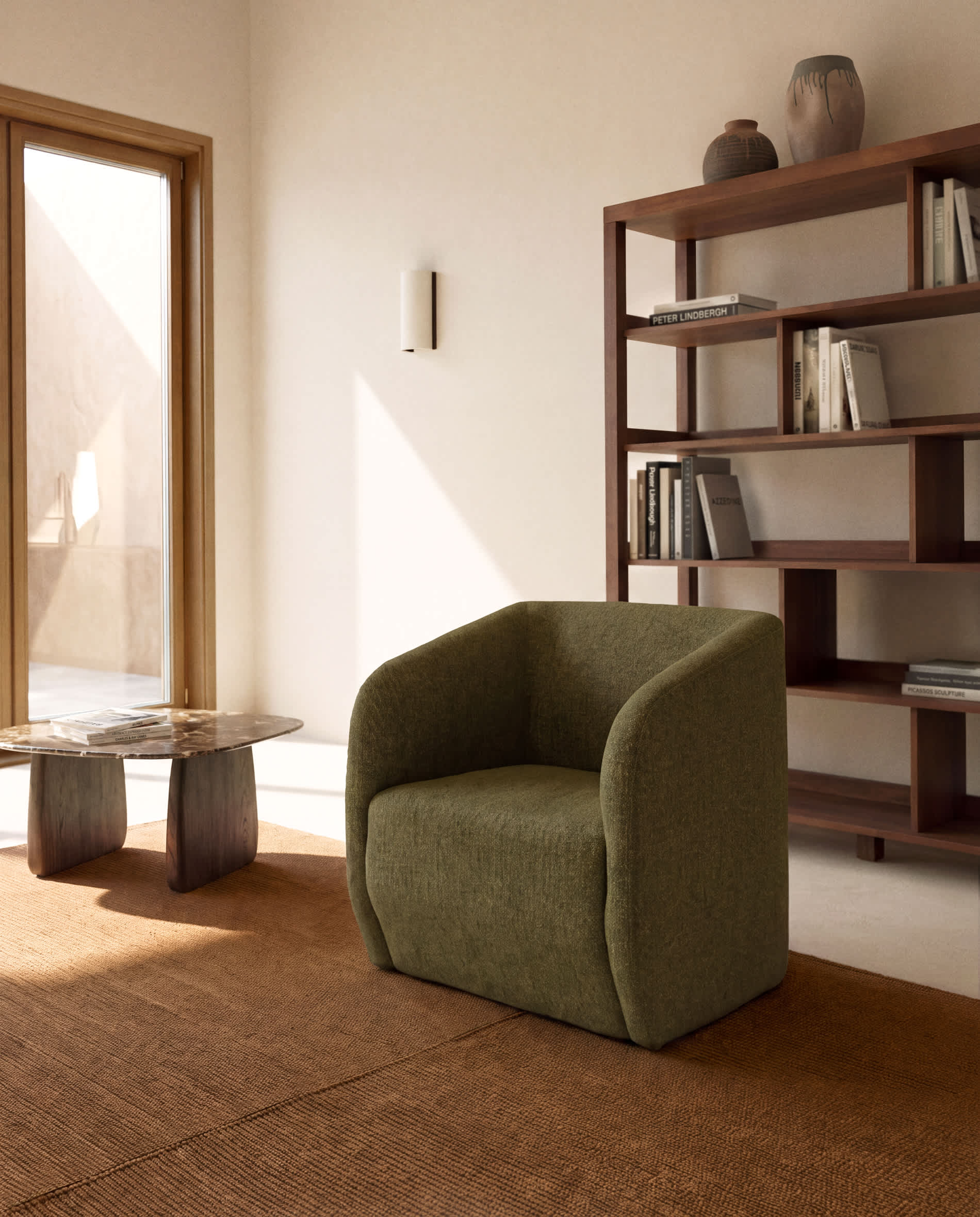 Milare armchair in olive green chenille 73 cm FSC 100%
