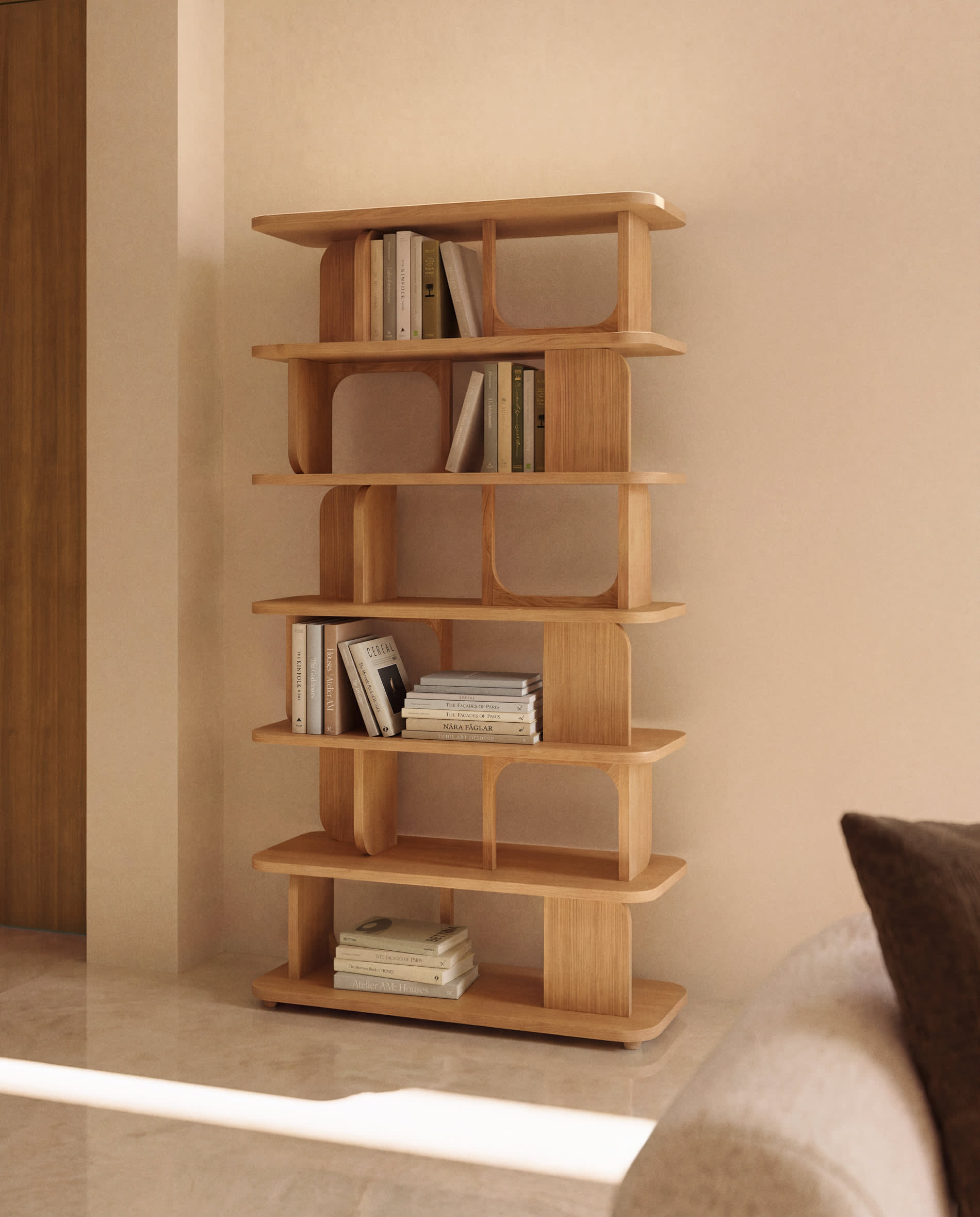 Aduma natural-coloured finish oak veneer shelving unit FSC 100% 100 x 187 cm