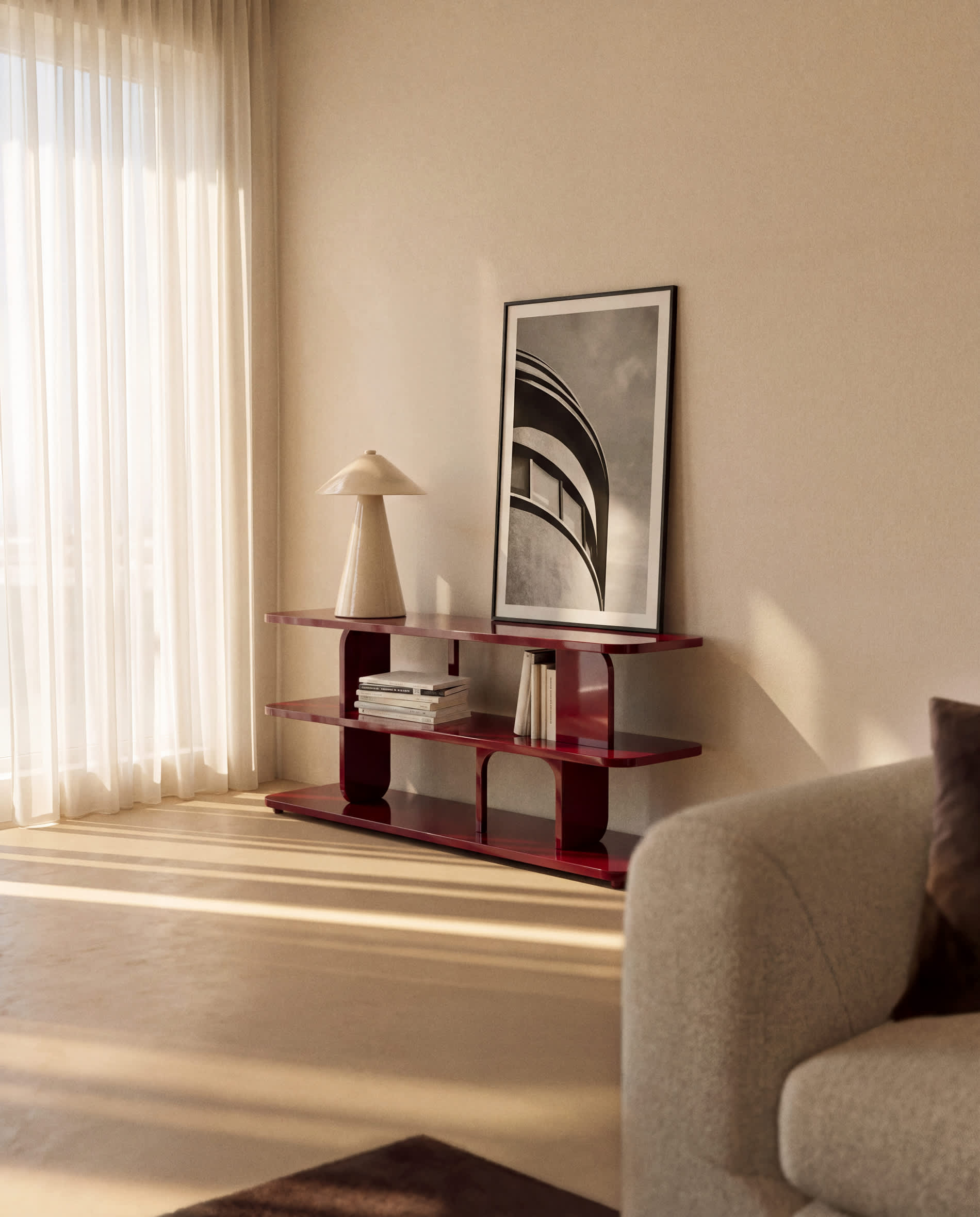 Aduma maroon glossy-finish lacquered MDF shelving unit FSC 100% 160 x 65 cm