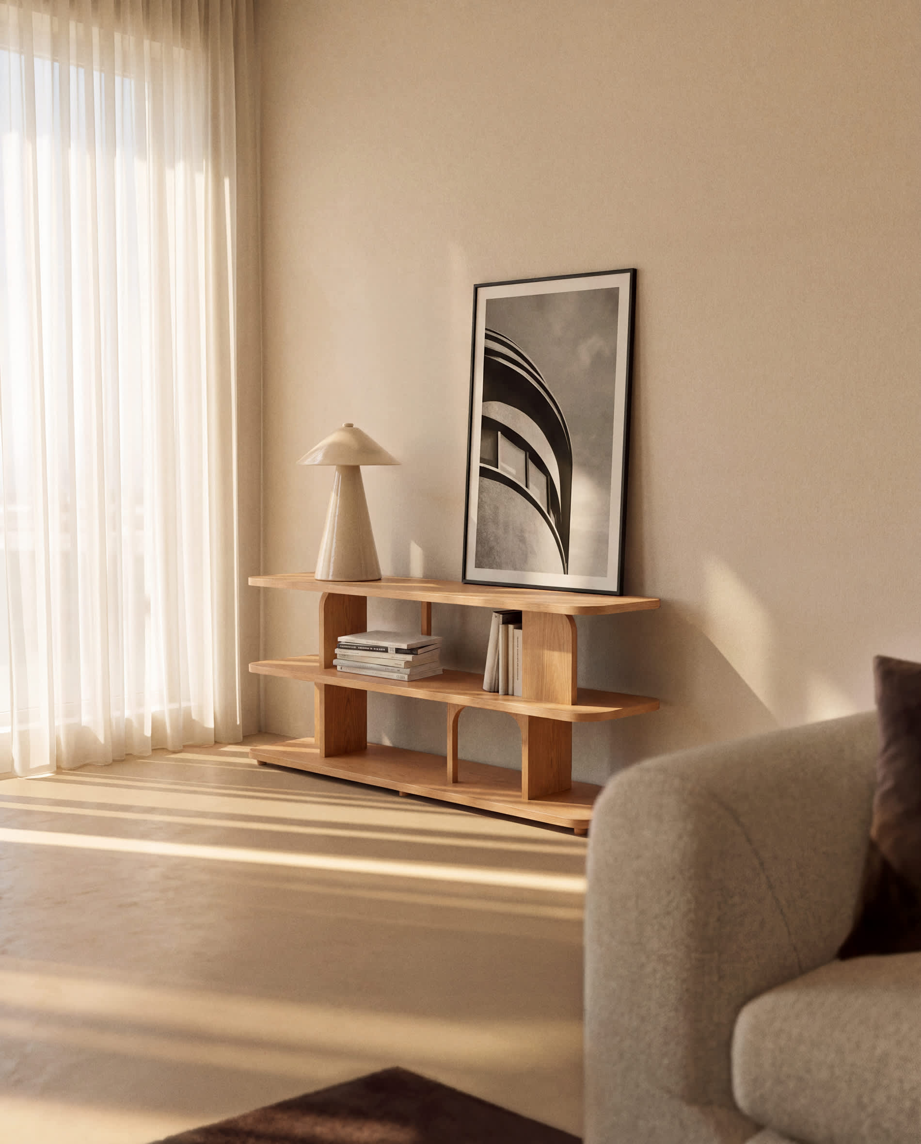 Aduma natural-coloured finish oak veneer shelving unit FSC 100% 160 x 65 cm