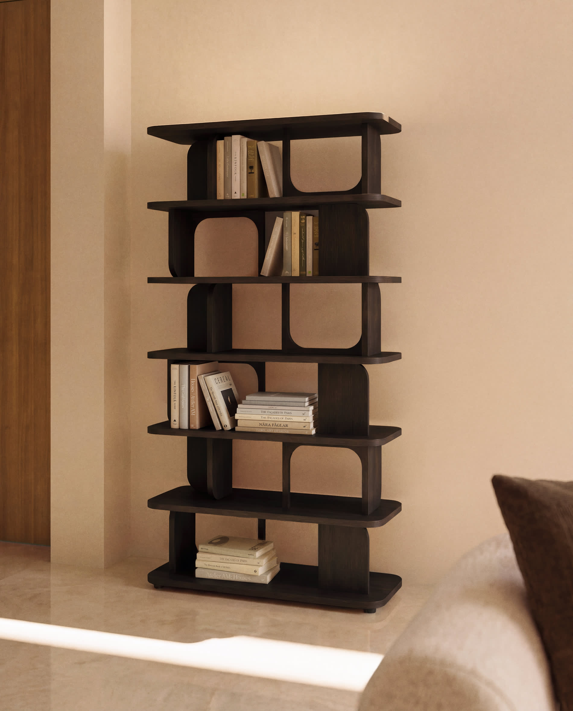 Aduma ebonised-finish oak veneer shelving unit with FSC 100% 100 x 187 cm