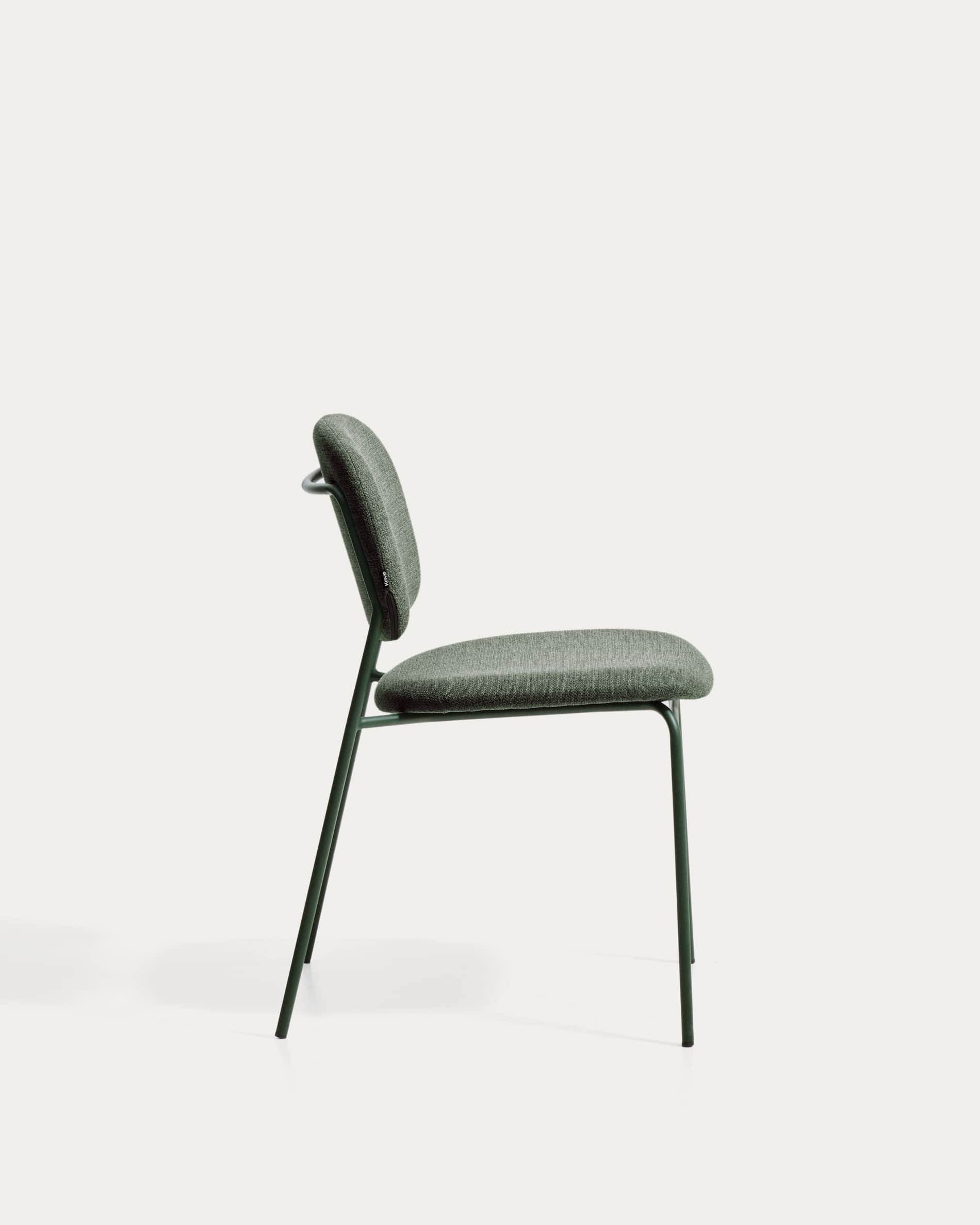 Meli stackable chair in green chenille with green metal legs FSC Mix Credit