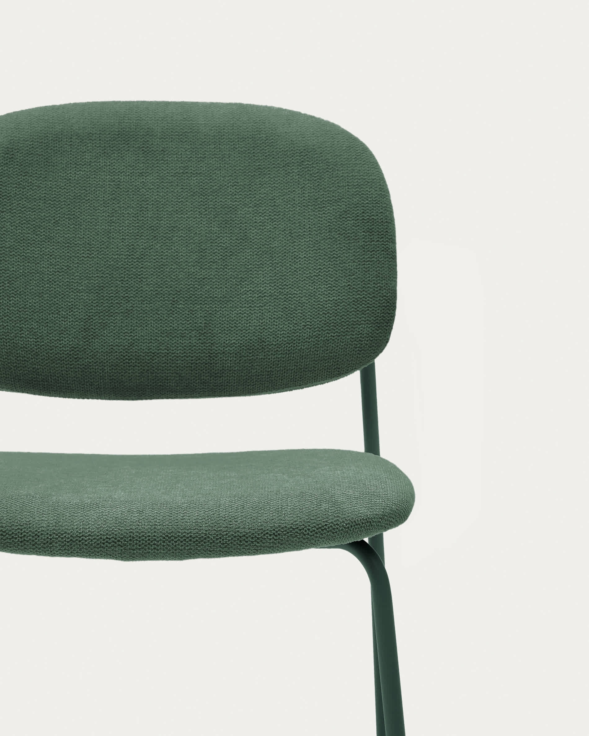 Meli stackable chair in green chenille with green metal legs FSC Mix Credit