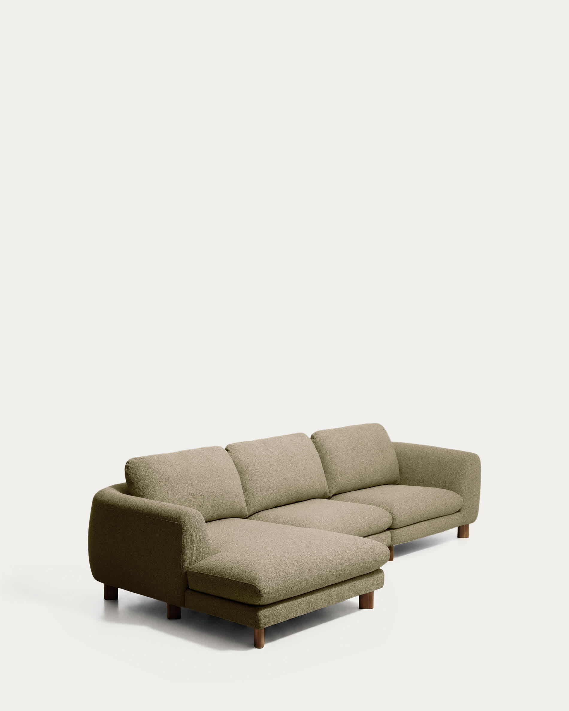 Vera olive green 4-seater sofa with left-hand chaise longue with walnut-finish solid ash wood legs 322 cm FSC Mix Credit