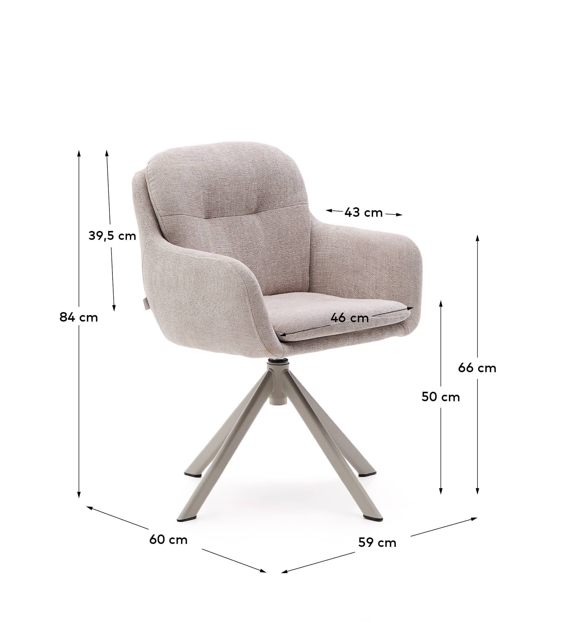 Lexa swivel chair in beige chenille and steel legs in a beige finish