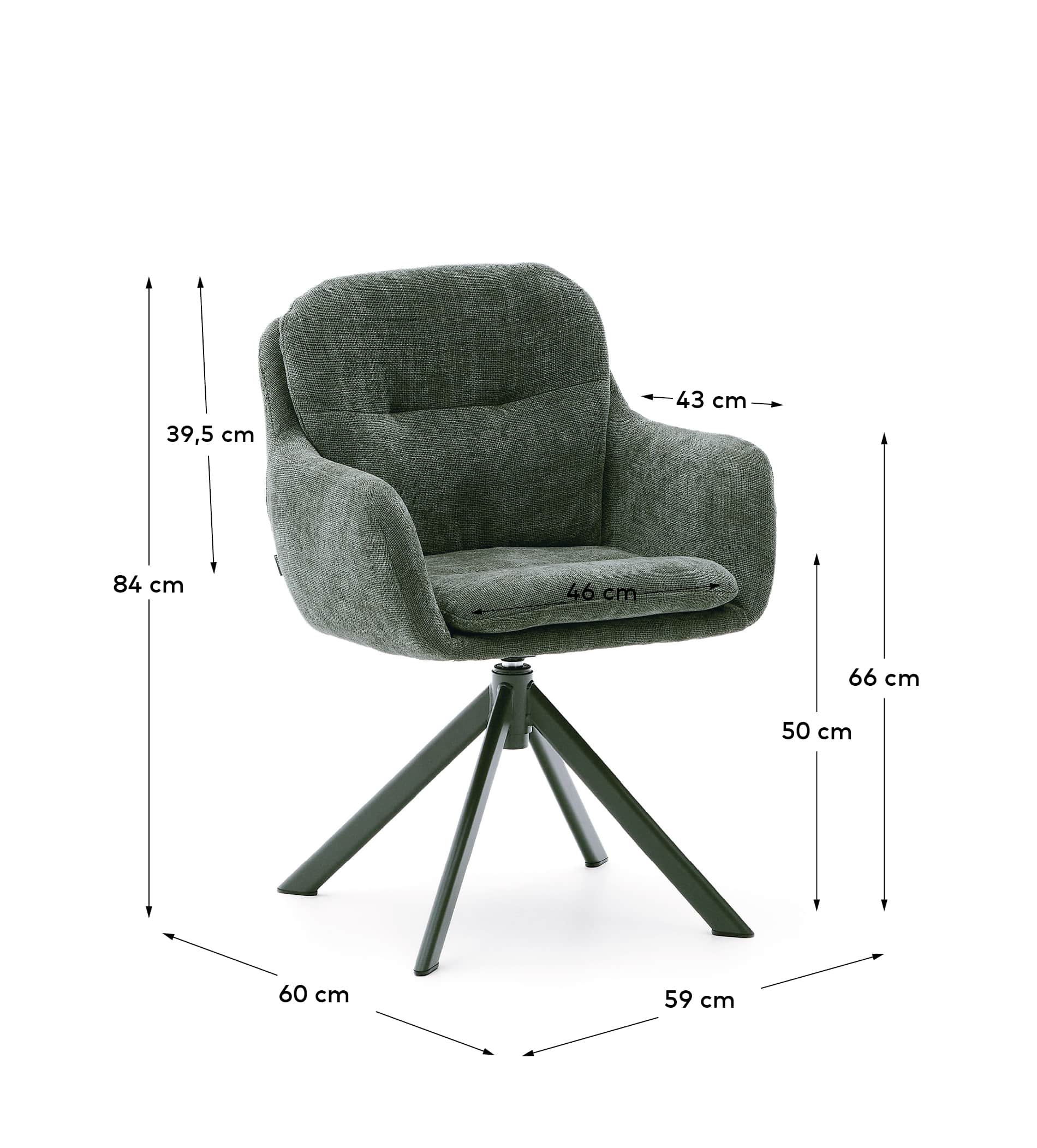 Lexa swivel chair in green chenille and steel legs in a green finish