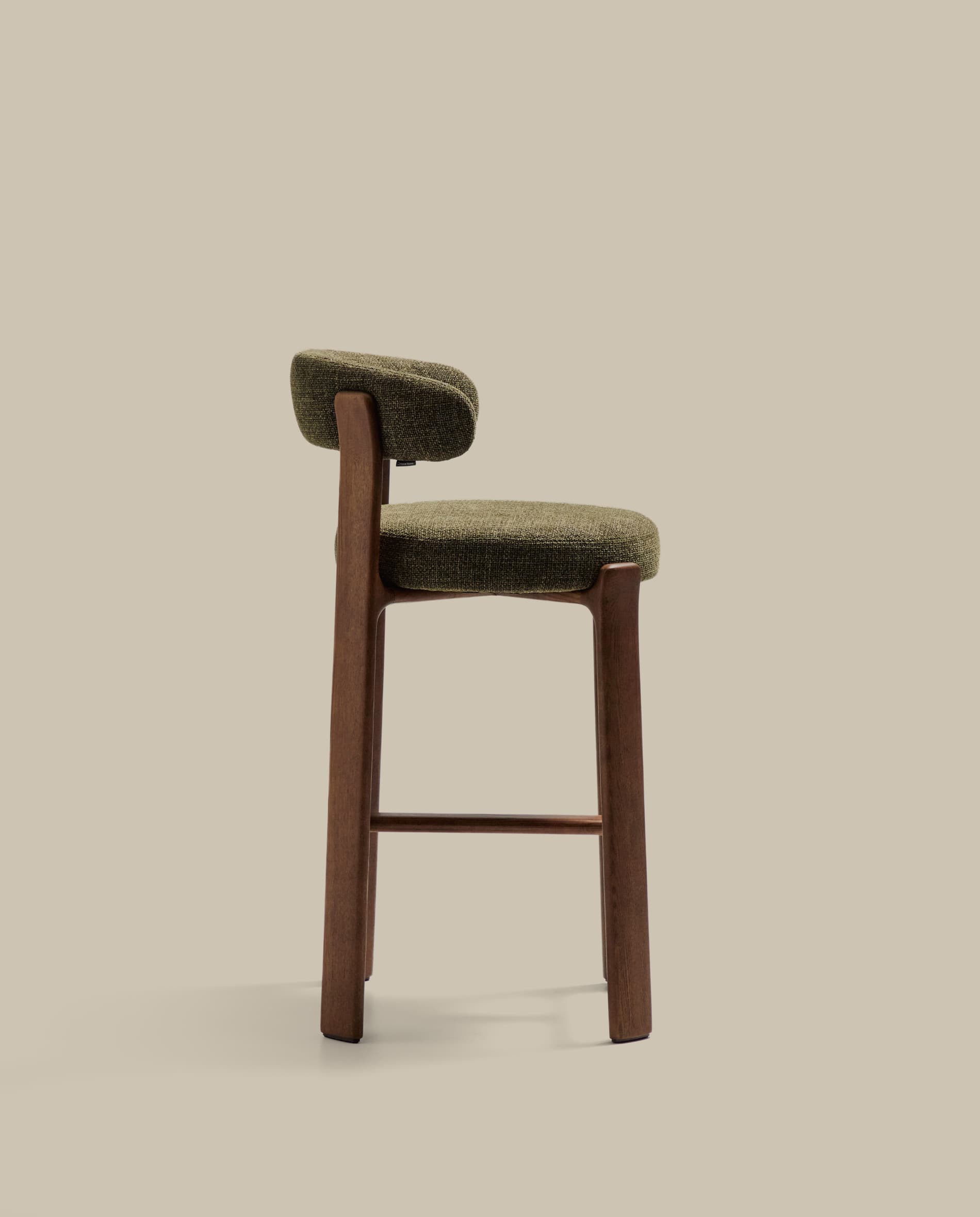 Granite fire-retardant stool with backrest in green chenille and solid ash wood with walnut-coloured finish FSC 100% 75cm