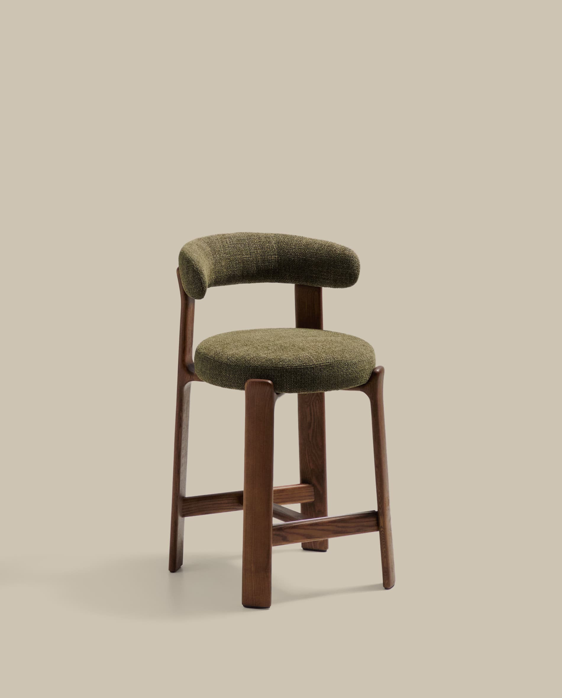 Granite fire-retardant stool with backrest in green chenille and solid ash wood with walnut-coloured finish FSC 100% 65cm